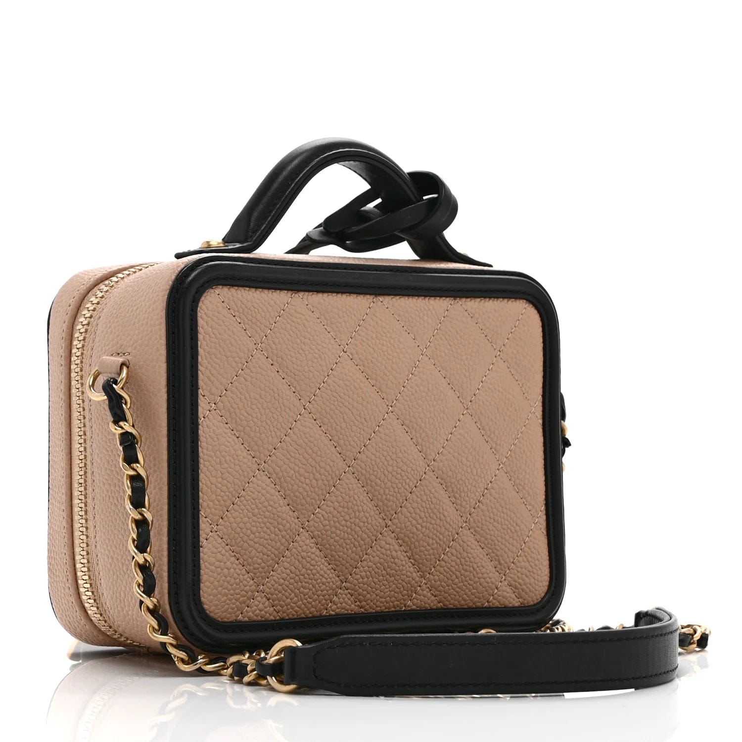 Chanel CC Filigree Small Vanity Case Beige Black Quilted Caviar Leather Crossbody Bag