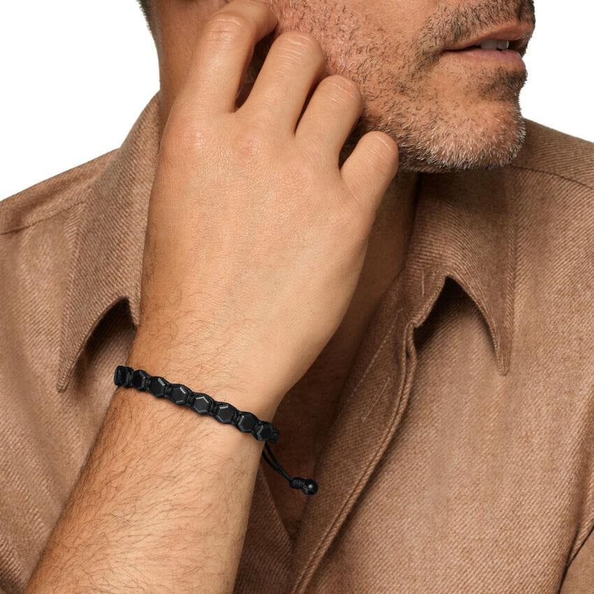 David Yurman Faceted Woven Bracelet in Black Titanium with Black Nylon and Black Onyx, 8mm, Size Medium