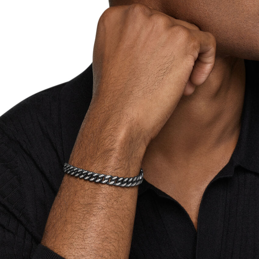 David Yurman Curb Chain Bracelet in Black Titanium with Diamonds, 8mm, Size Medium