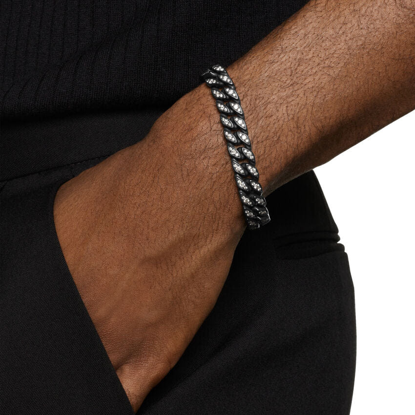 David Yurman Curb Chain Bracelet in Black Titanium with Diamonds, 11.5mm, Size Medium