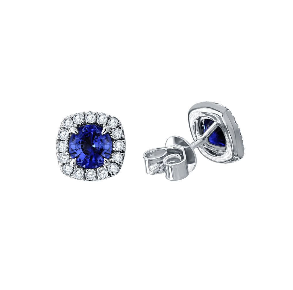 Sabel Collection White Gold Cushion Blue Sapphire and Diamond Halo Earrings