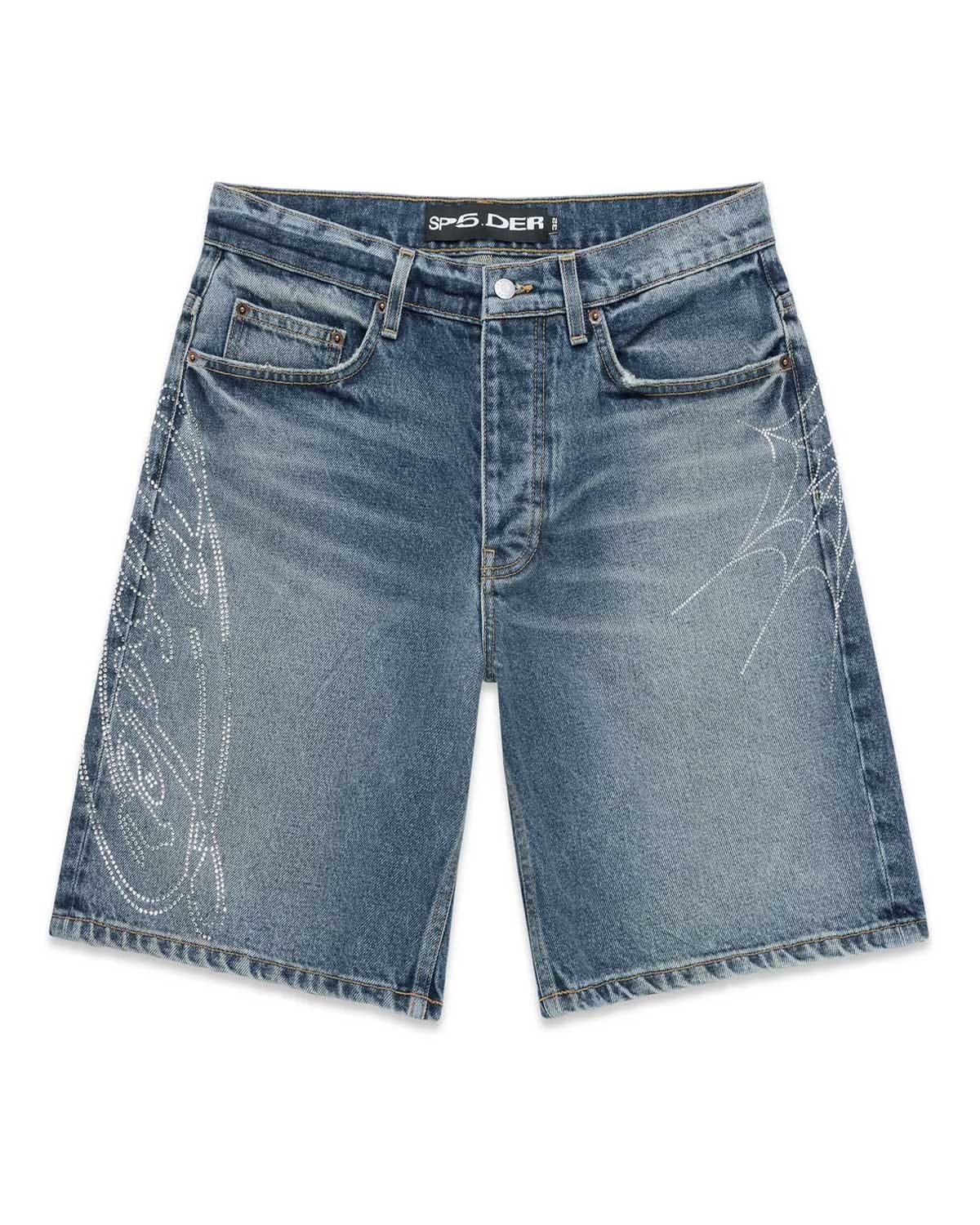 Sp5der Worldwide Sp5der Script Web Denim Shorts Indigo Blue
