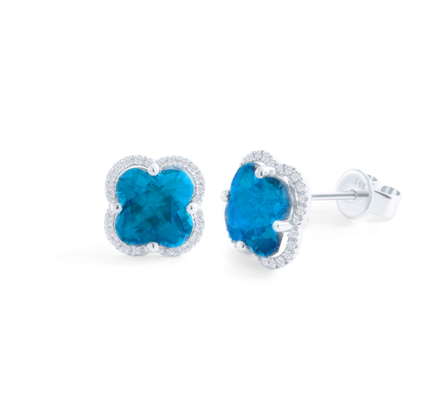 Sabel Collection White Gold Blue Topaz Clover and Diamond Halo Earrings