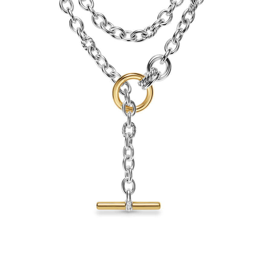 David Yurman DY Mercer Double Row Toggle Chain Necklace in Sterling Silver with 18K Yellow Gold and Diamonds, 8mm, 41"