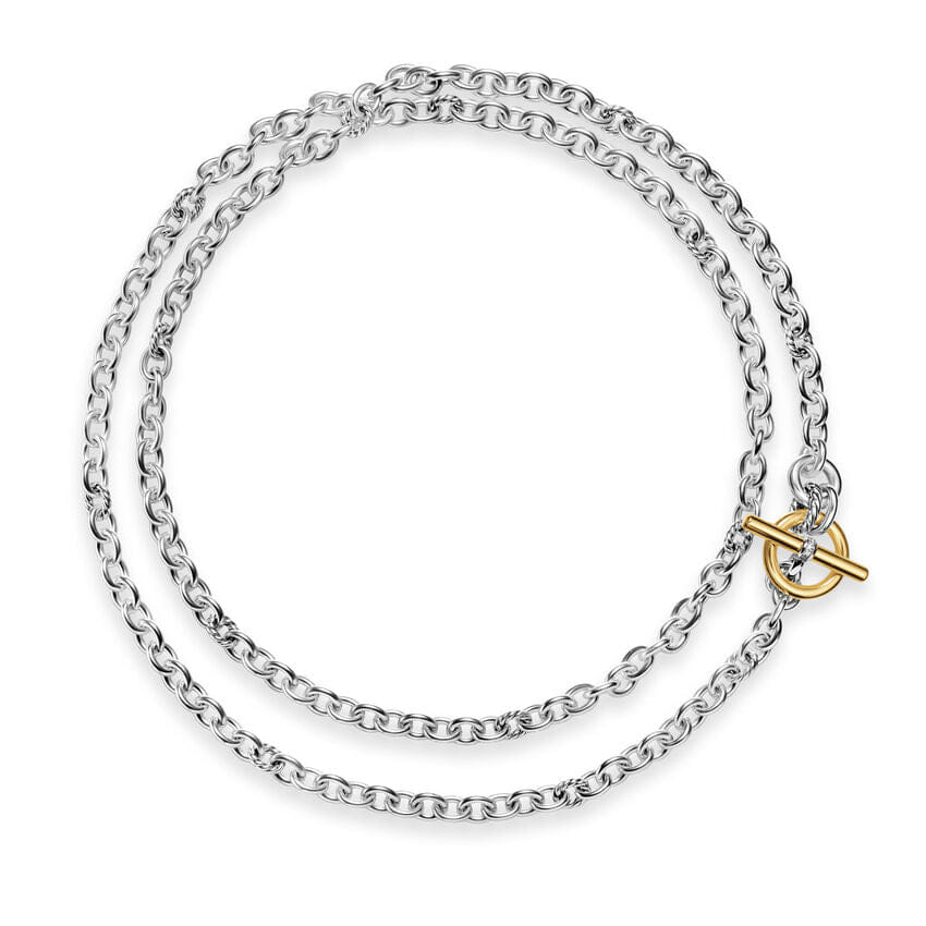 David Yurman DY Mercer Double Row Toggle Chain Necklace in Sterling Silver with 18K Yellow Gold and Diamonds, 8mm, 41"