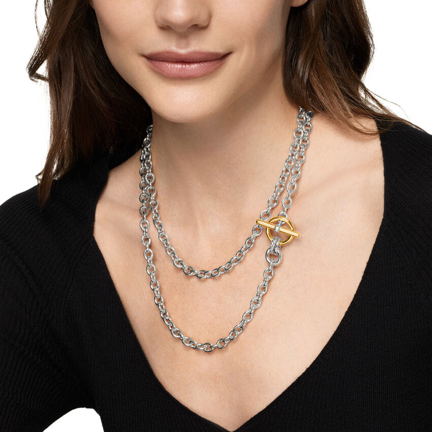 David Yurman DY Mercer Double Row Toggle Chain Necklace in Sterling Silver with 18K Yellow Gold and Diamonds, 8mm, 41"