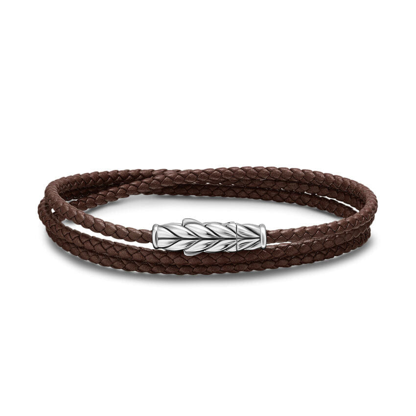 David Yurman Chevron Triple Wrap Bracelet in Brown Leather with Sterling Silver, 3mm, Size Medium