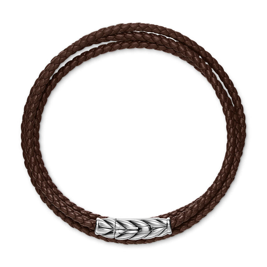 David Yurman Chevron Triple Wrap Bracelet in Brown Leather with Sterling Silver, 3mm, Size Medium