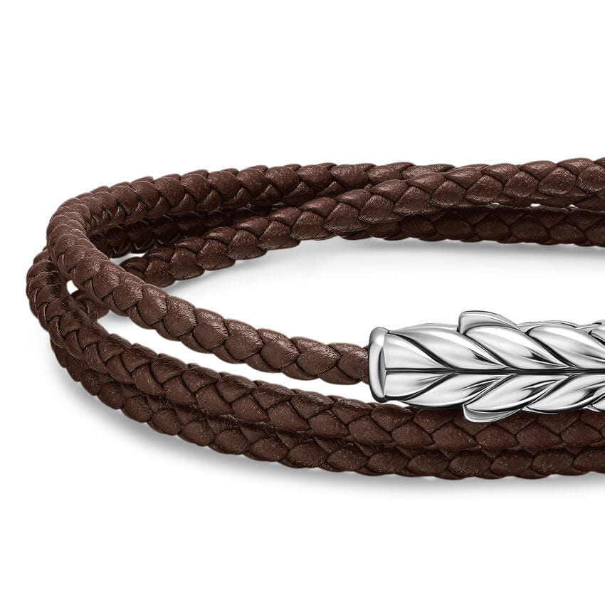 David Yurman Chevron Triple Wrap Bracelet in Brown Leather with Sterling Silver, 3mm, Size Medium