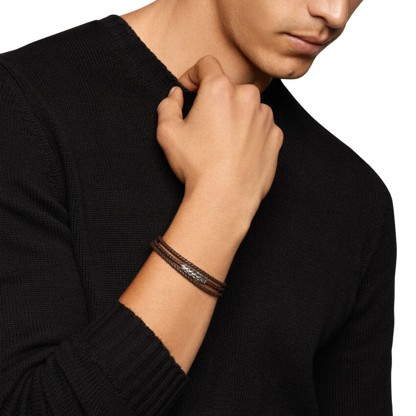 David Yurman Chevron Triple Wrap Bracelet in Brown Leather with Sterling Silver, 3mm, Size Medium