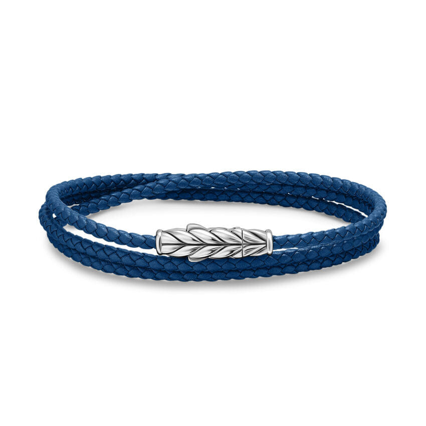 David Yurman Chevron Triple Wrap Bracelet in Blue Leather with Sterling Silver, 3mm, Size Medium
