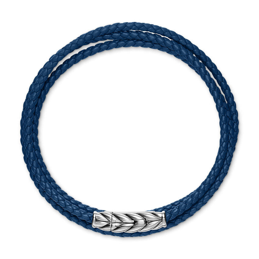David Yurman Chevron Triple Wrap Bracelet in Blue Leather with Sterling Silver, 3mm, Size Medium