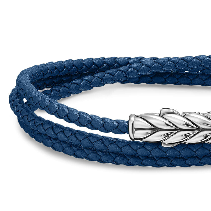 David Yurman Chevron Triple Wrap Bracelet in Blue Leather with Sterling Silver, 3mm, Size Medium