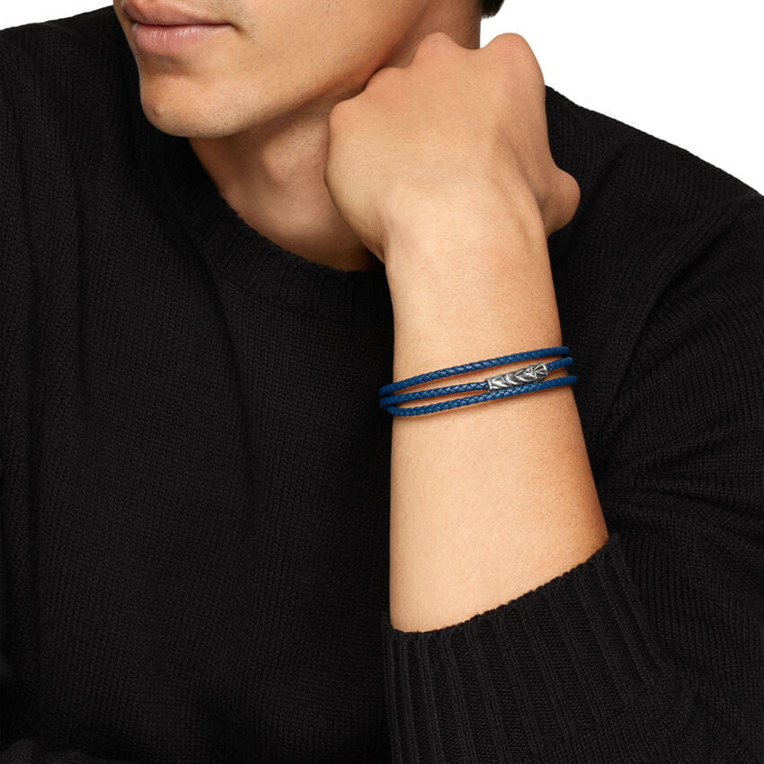 David Yurman Chevron Triple Wrap Bracelet in Blue Leather with Sterling Silver, 3mm, Size Medium