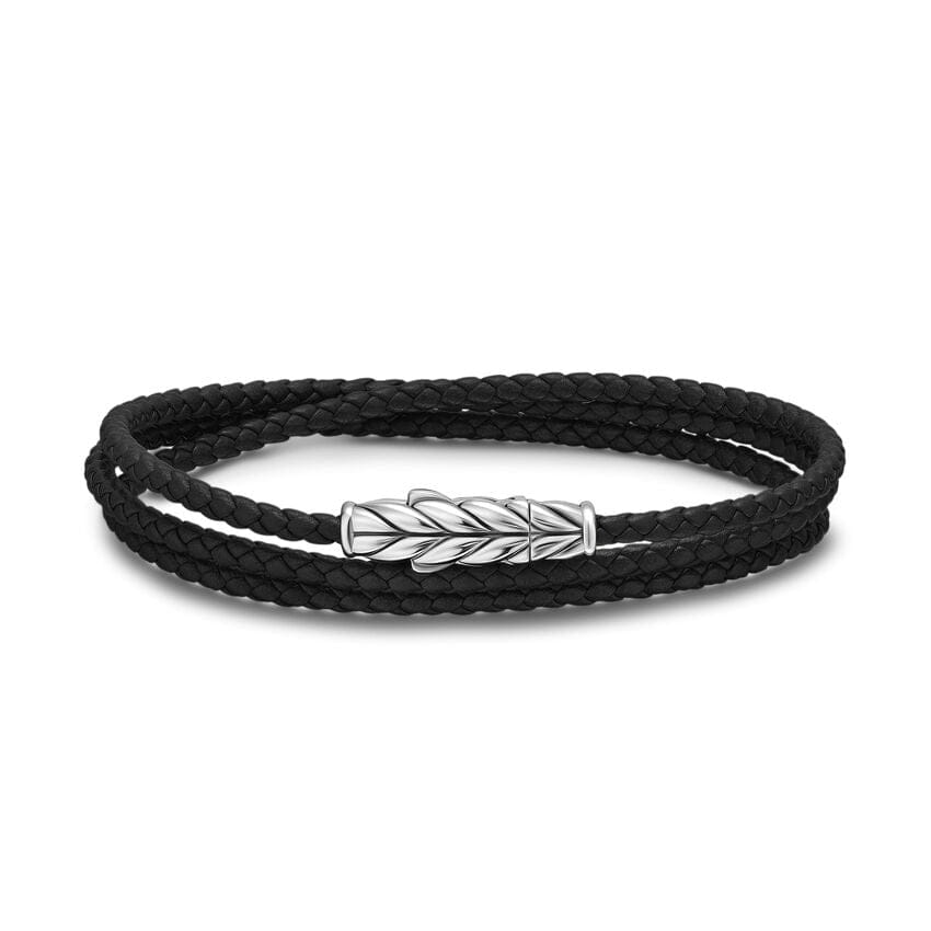 David Yurman Chevron Triple Wrap Bracelet in Black Leather with Sterling Silver, 3mm, Size Medium
