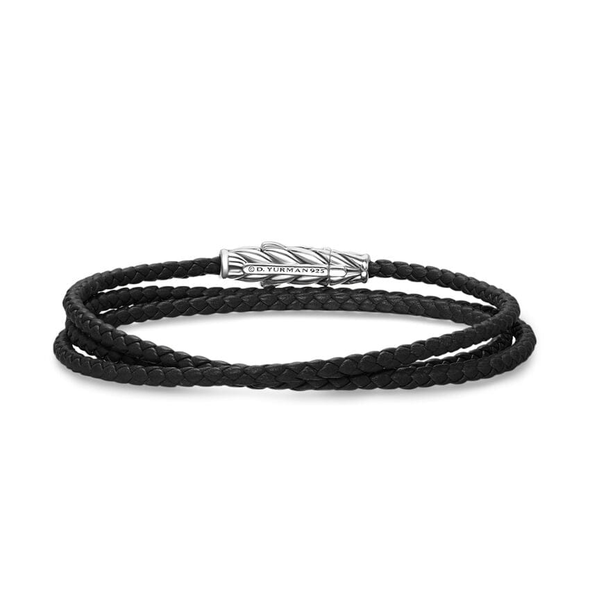 David Yurman Chevron Triple Wrap Bracelet in Black Leather with Sterling Silver, 3mm, Size Medium