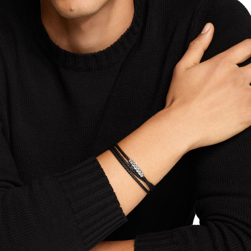 David Yurman Chevron Triple Wrap Bracelet in Black Leather with Sterling Silver, 3mm, Size Medium