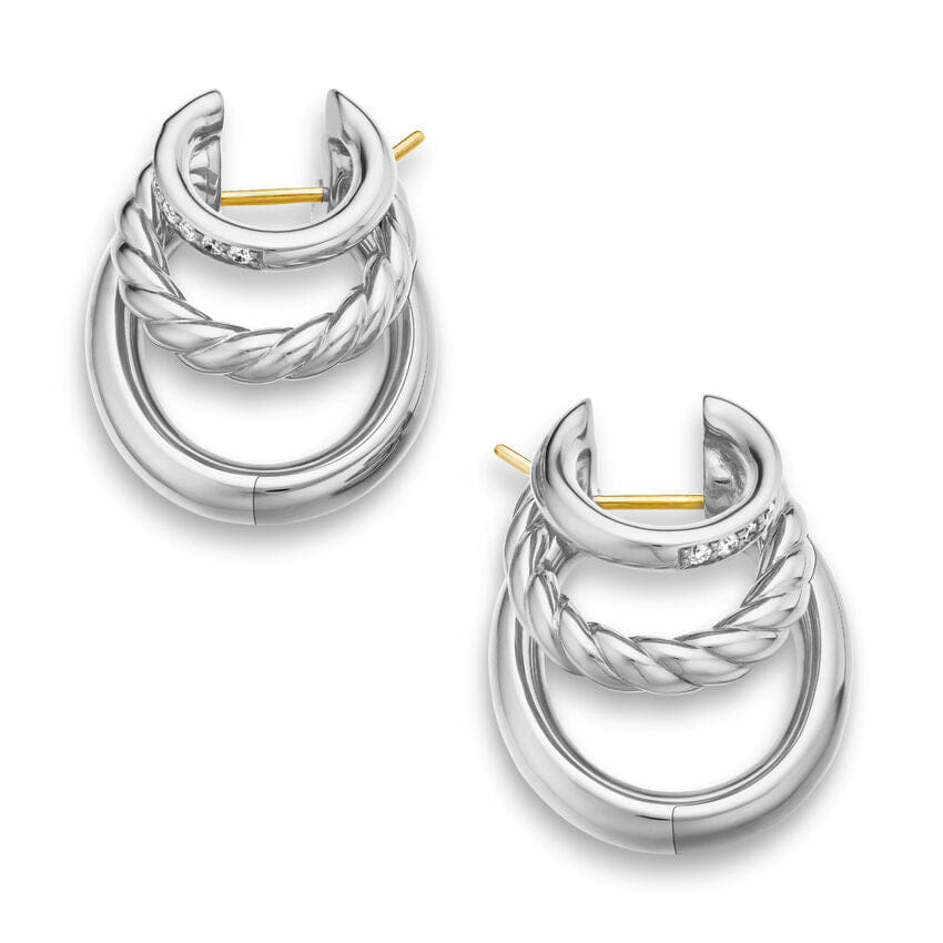 David Yurman DY Mercer Three Row Hoop Earrings in Sterling Silver with Diamonds, 21mm
