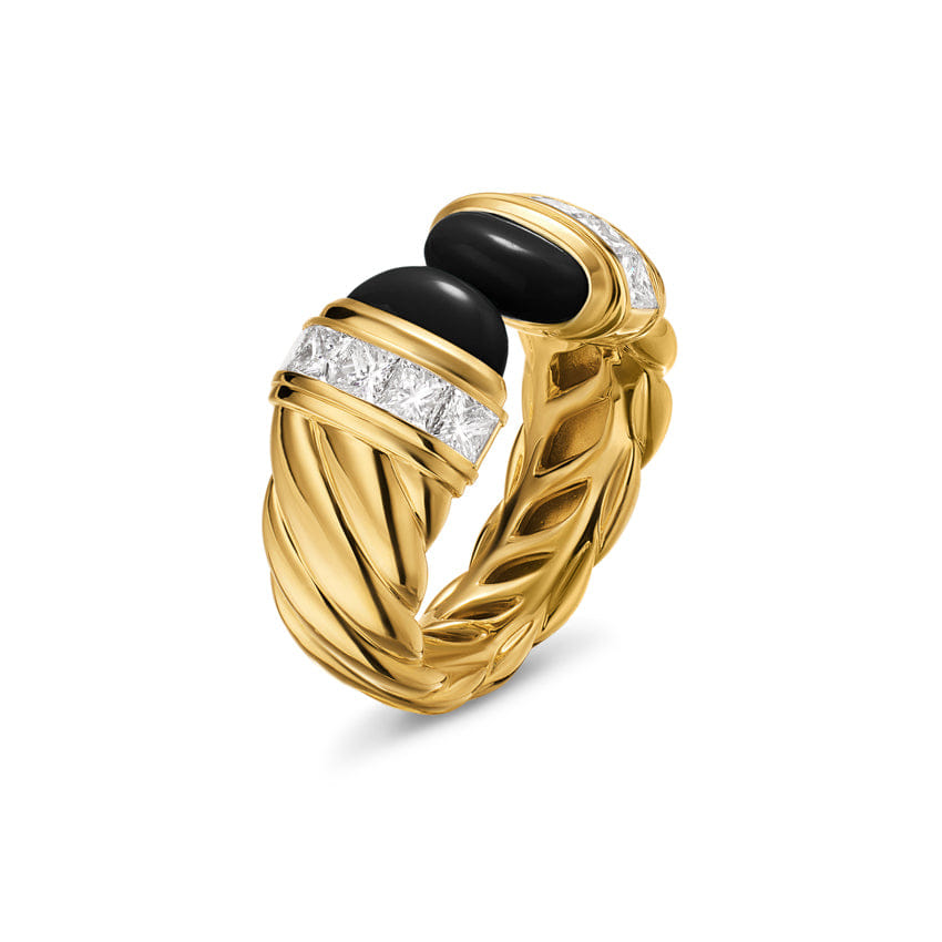 David Yurman Sculpted Cable Open Cocktail Ring in 18K Yellow Gold with Black Onyx and Diamonds, 12.4mm, Size 8