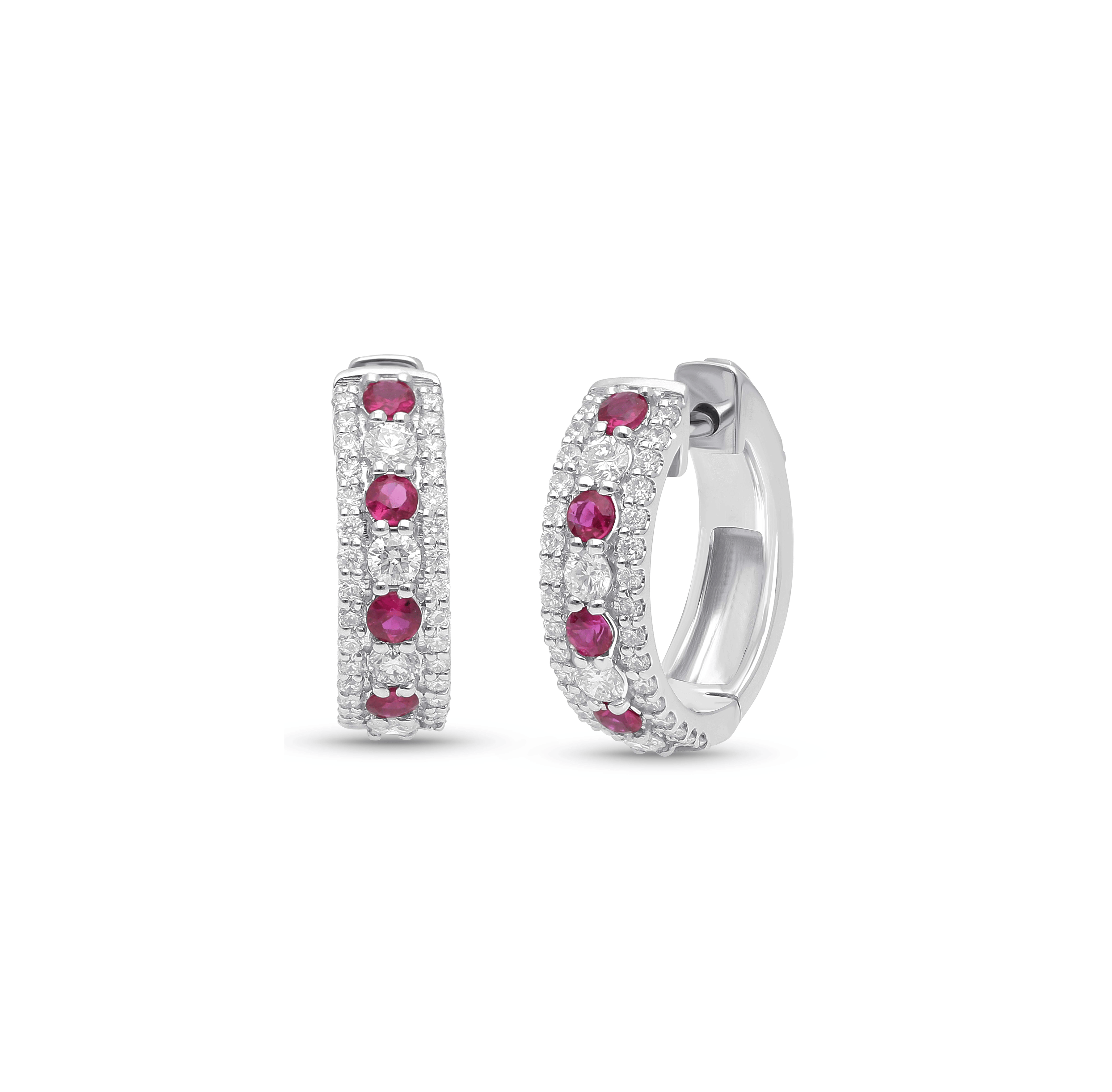 Sabel Collection White Gold Round Ruby and Diamond Huggie Hoop Earrings