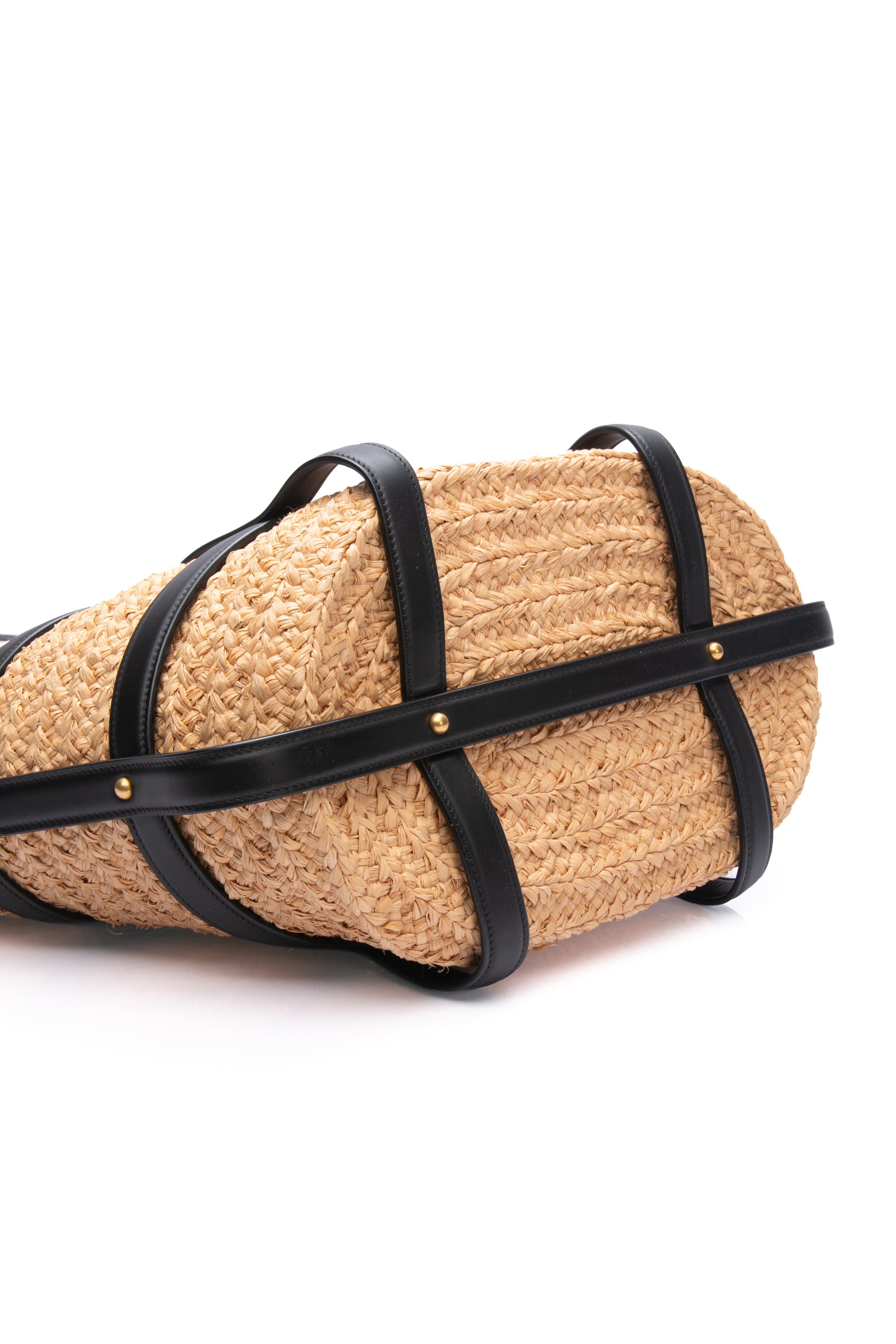 SAINT LAURENT Naturale Black Panier Raffia Calfskin Caged Tote Bag
