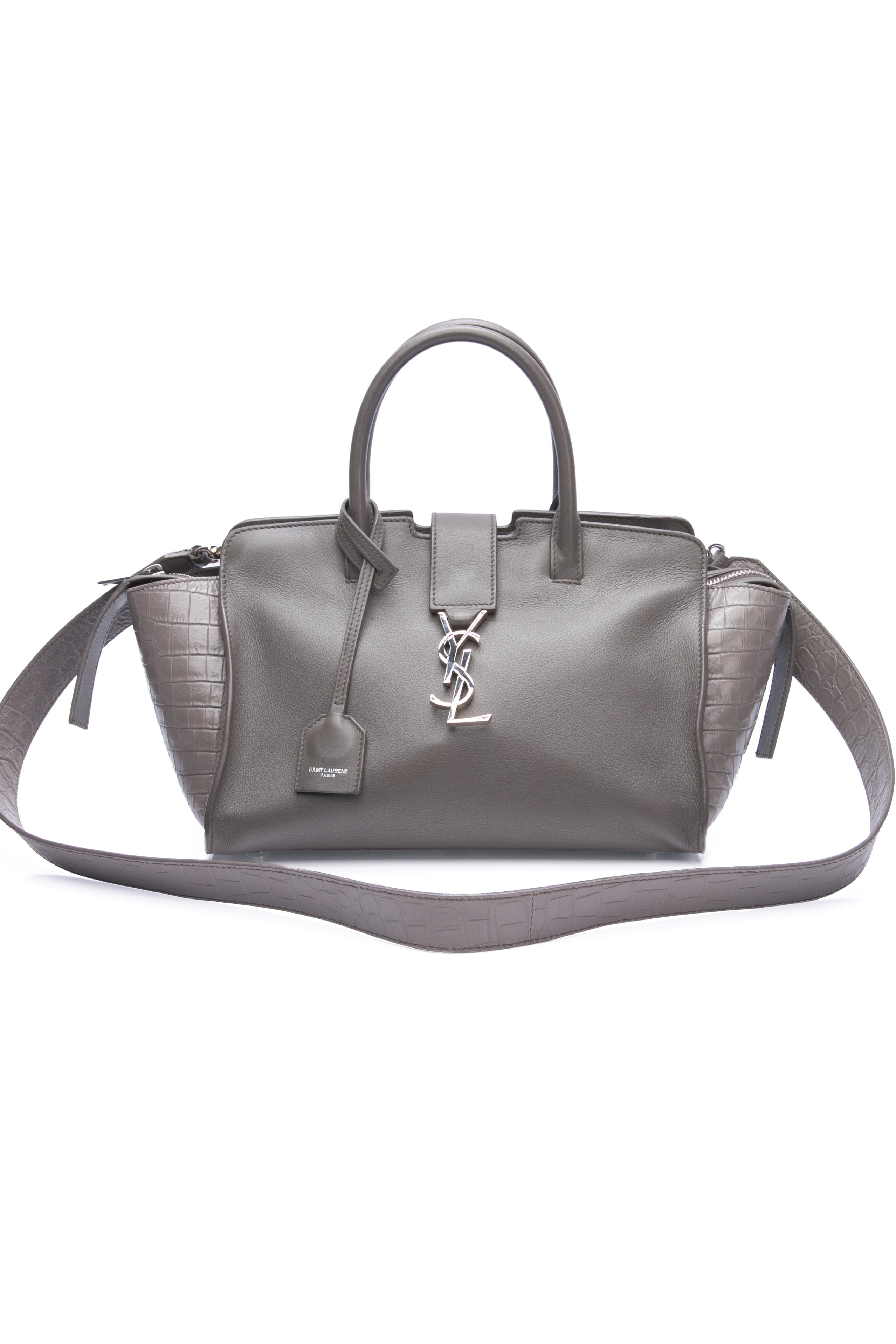 SAINT LAURENT Grey Earth Smooth Calfskin Crocodile Embossed Baby Monogram Downtown Cabas Shoulder Bag