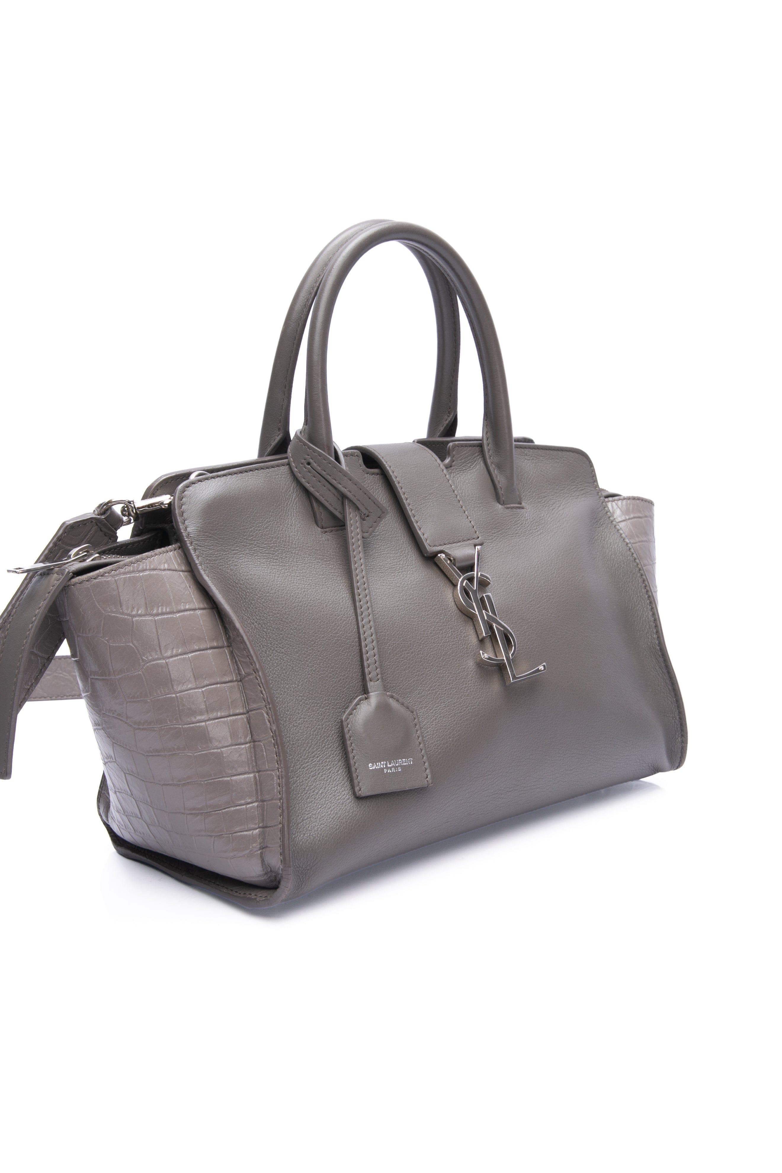 SAINT LAURENT Grey Earth Smooth Calfskin Crocodile Embossed Baby Monogram Downtown Cabas Shoulder Bag