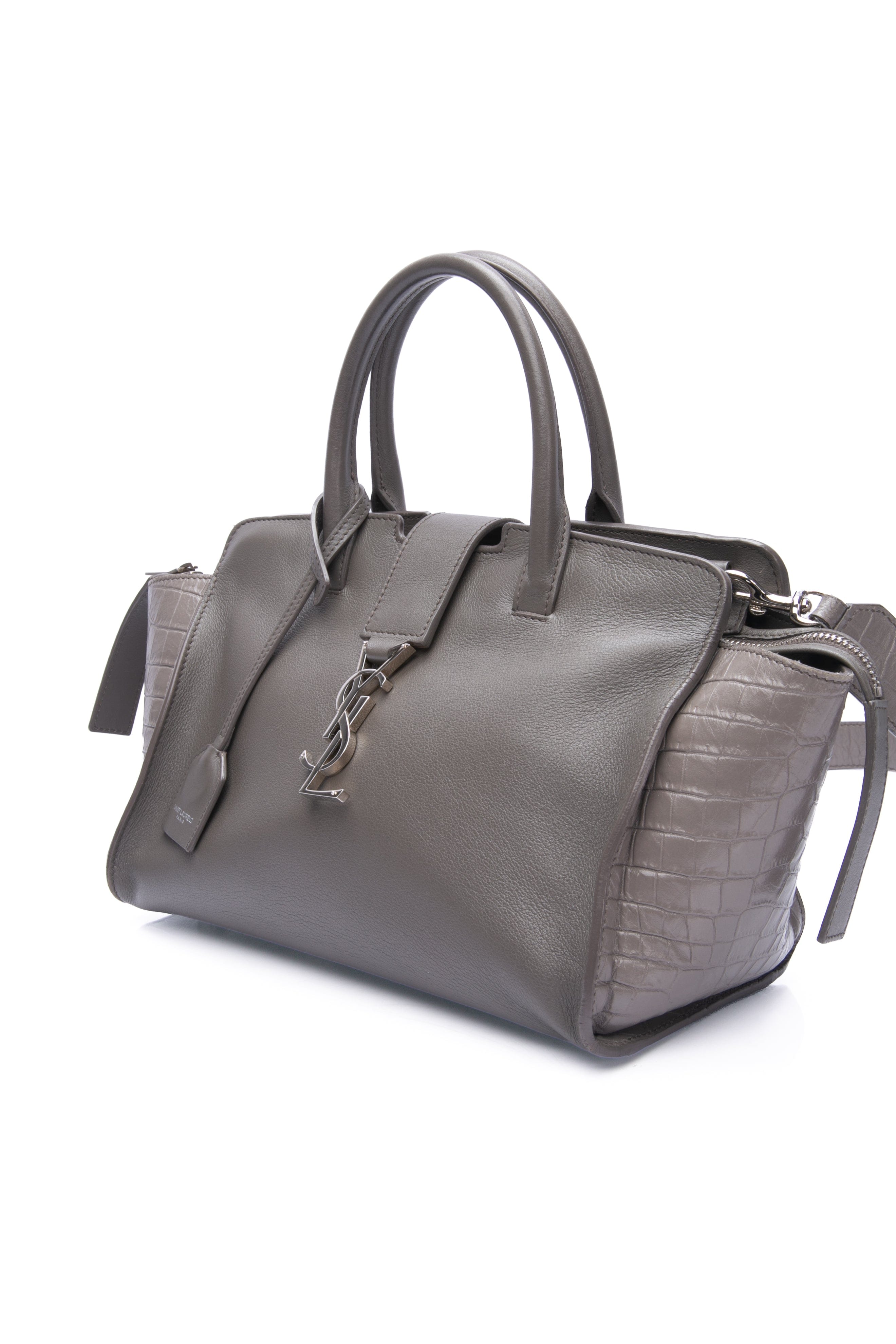 SAINT LAURENT Grey Earth Smooth Calfskin Crocodile Embossed Baby Monogram Downtown Cabas Shoulder Bag