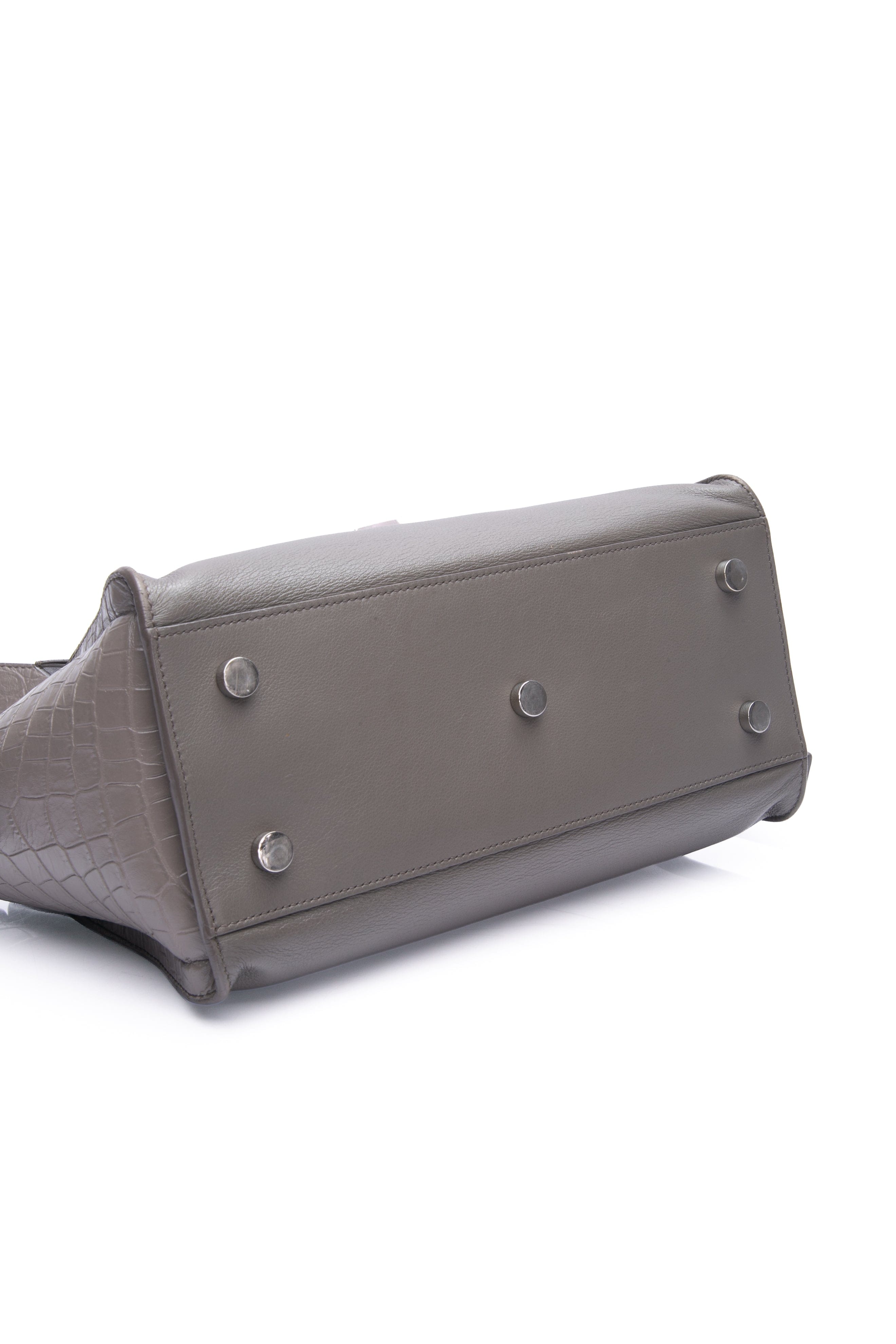 SAINT LAURENT Grey Earth Smooth Calfskin Crocodile Embossed Baby Monogram Downtown Cabas Shoulder Bag
