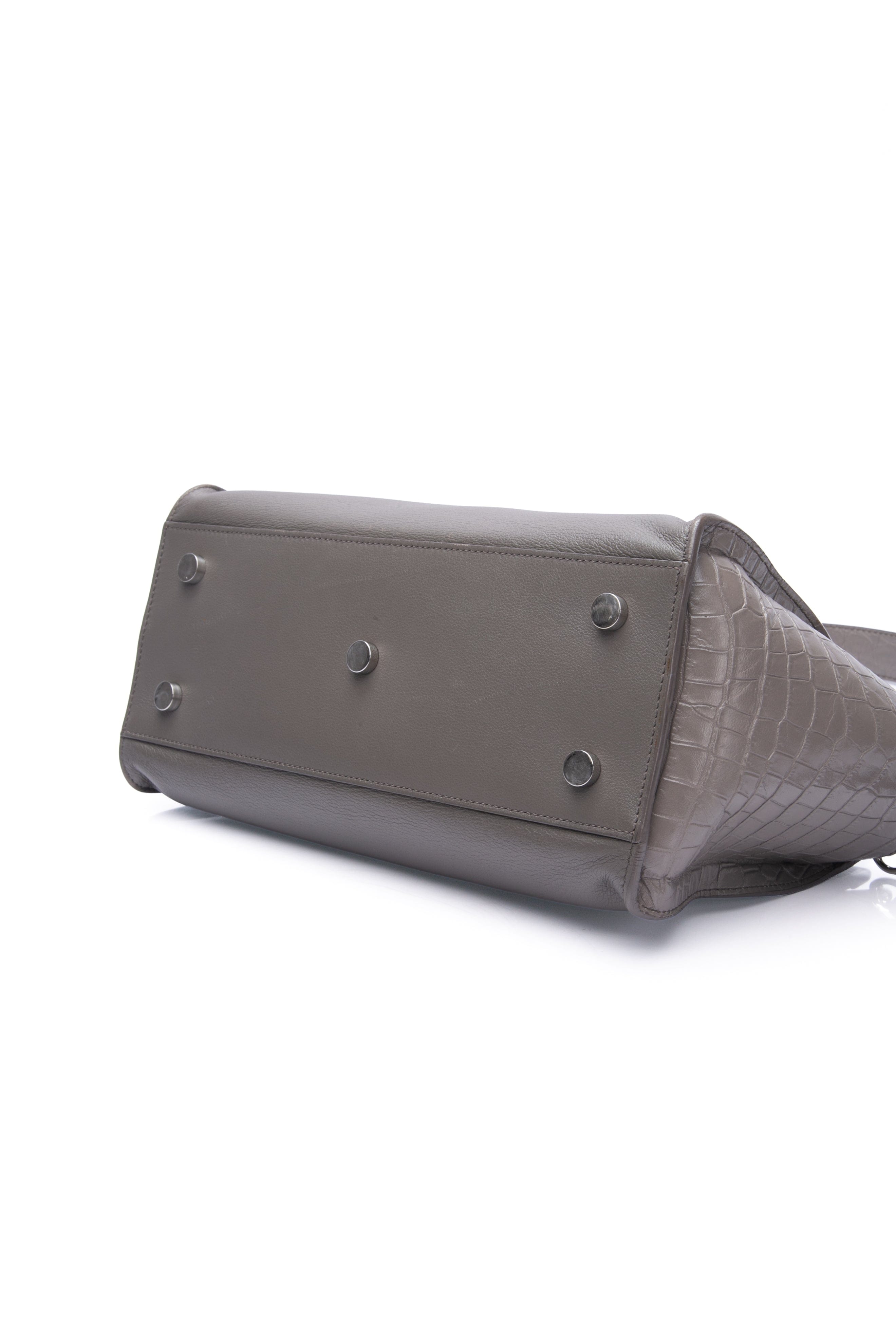 SAINT LAURENT Grey Earth Smooth Calfskin Crocodile Embossed Baby Monogram Downtown Cabas Shoulder Bag