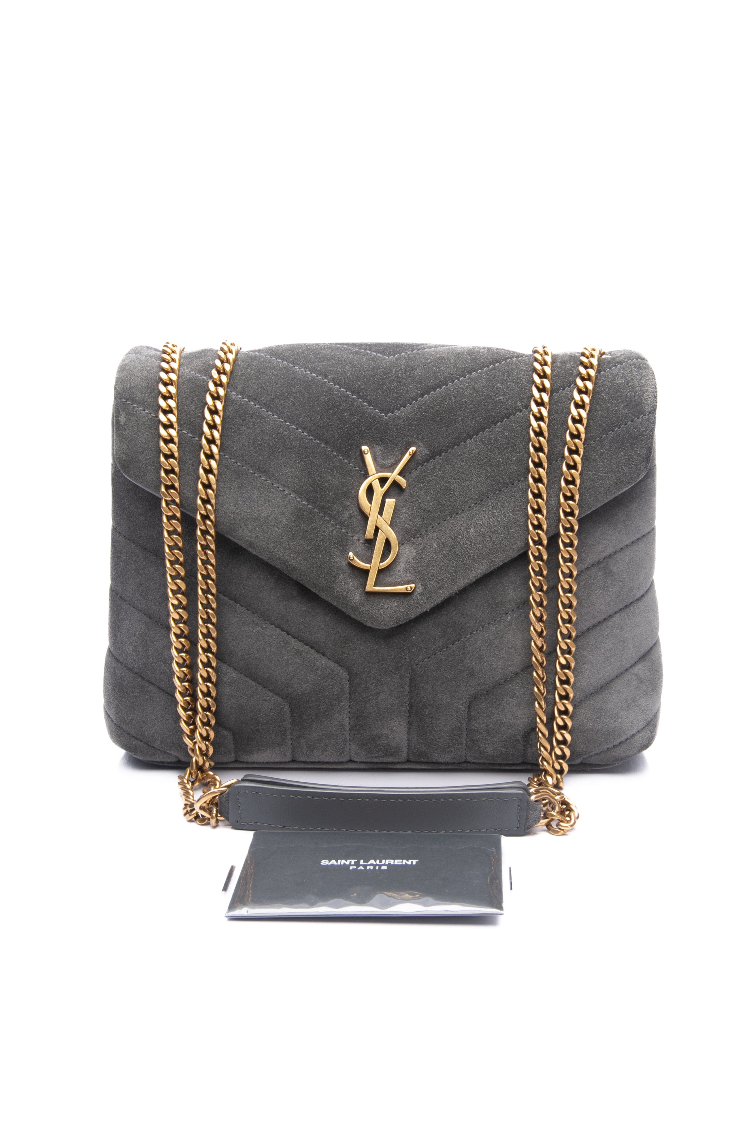 SAINT LAURENT Grey Loulou Small Quilted Suede Shoulder/Crossbody Bag