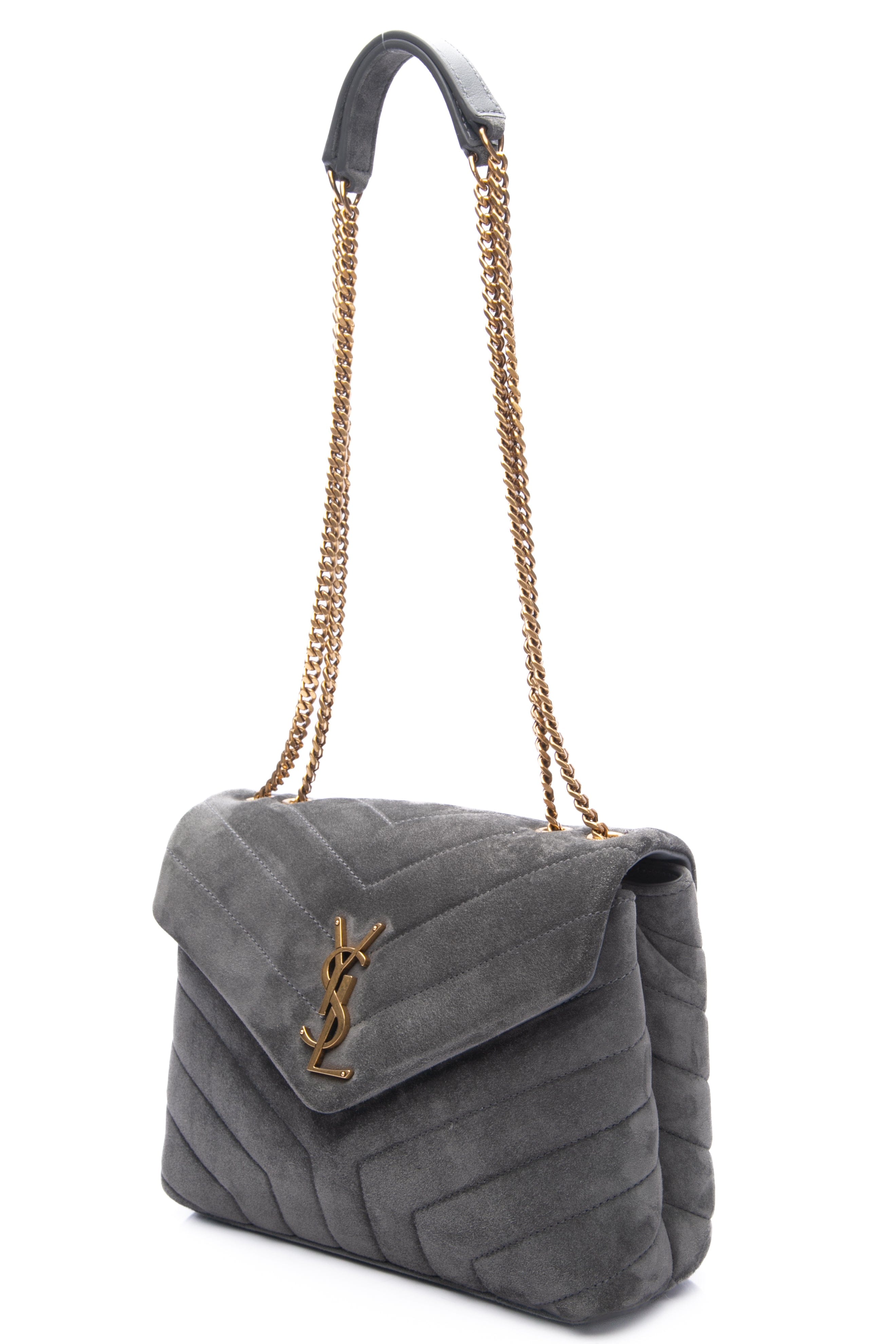 SAINT LAURENT Grey Loulou Small Quilted Suede Shoulder/Crossbody Bag