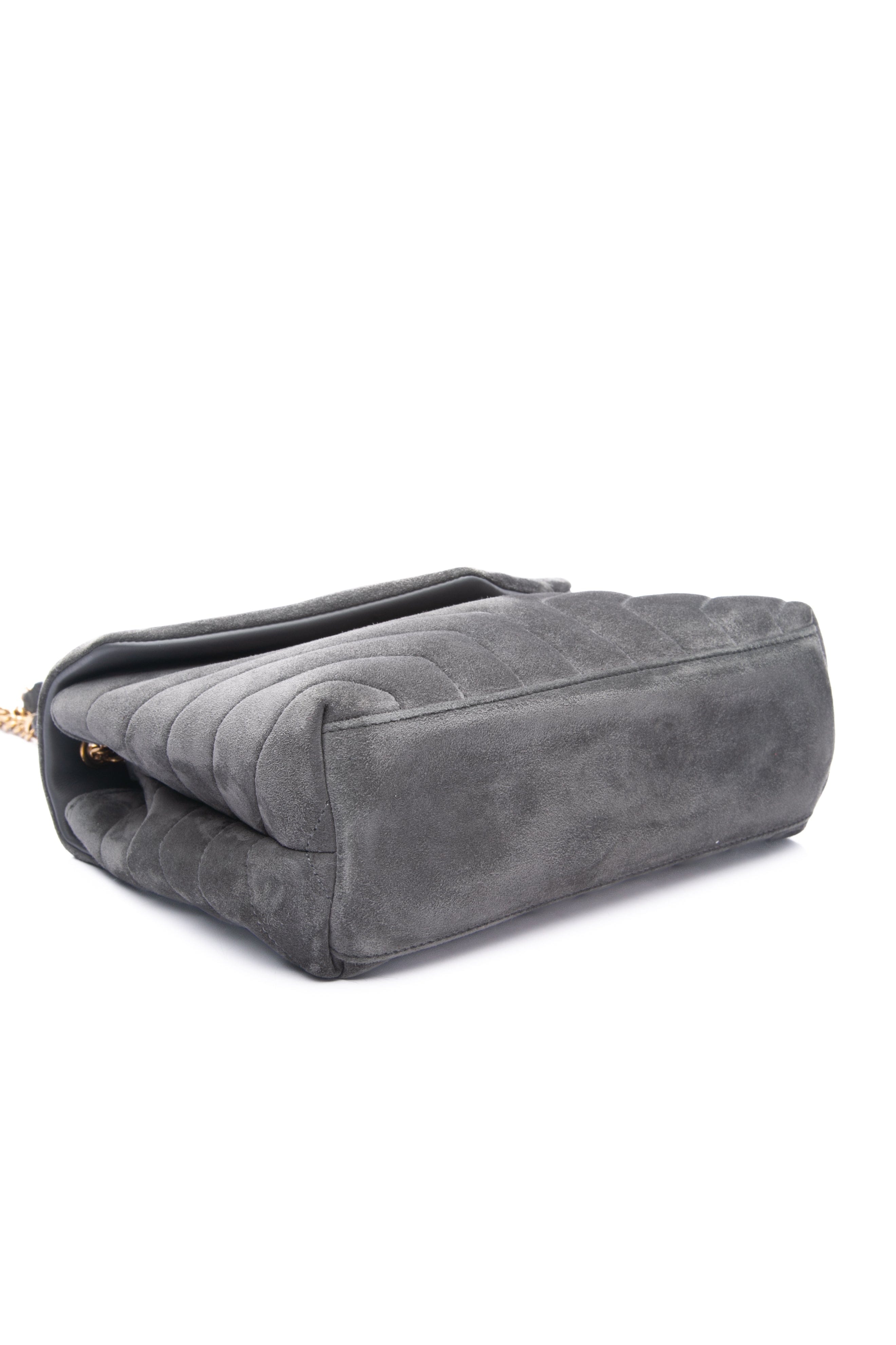 SAINT LAURENT Grey Loulou Small Quilted Suede Shoulder/Crossbody Bag