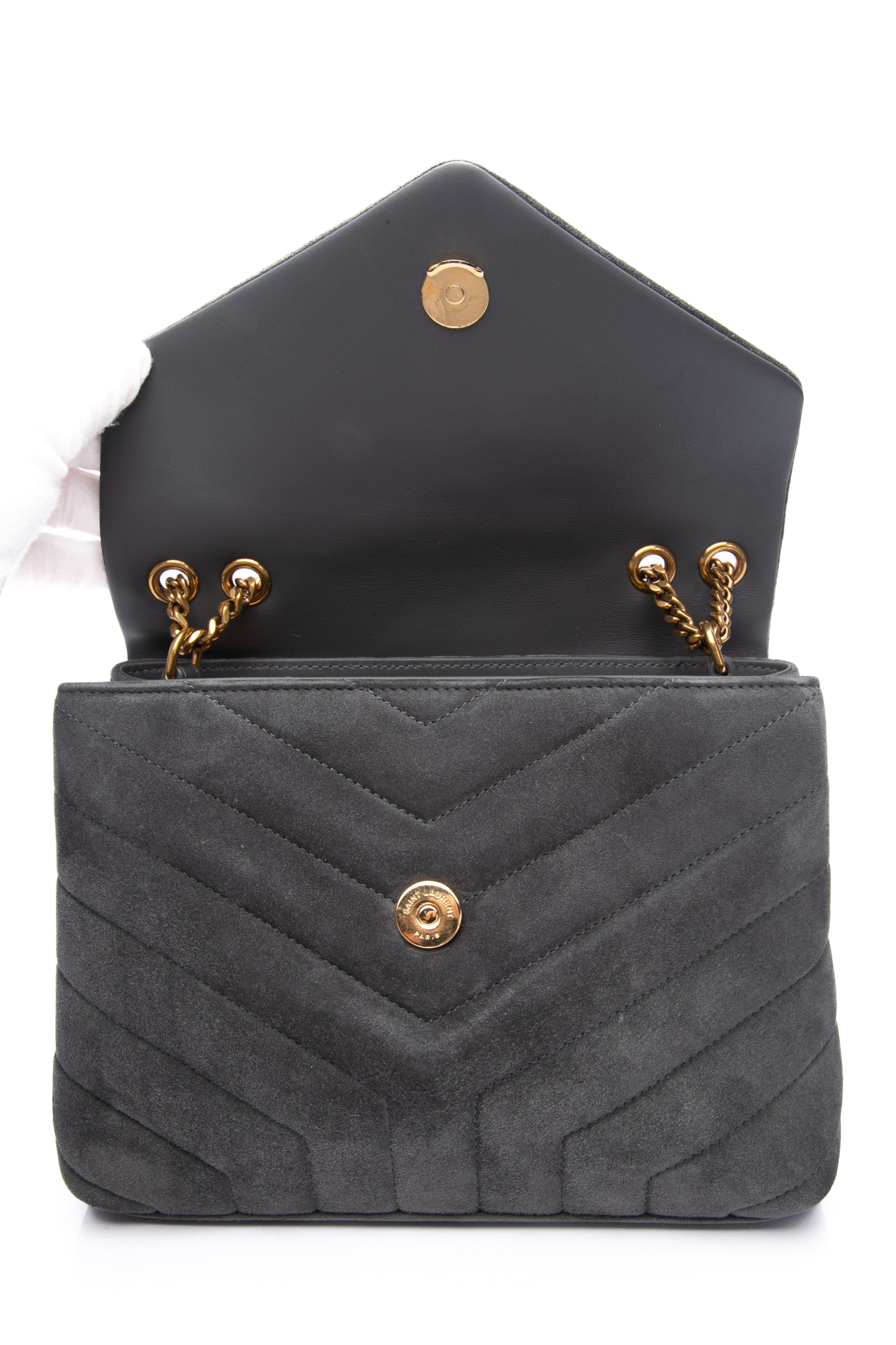 SAINT LAURENT Grey Loulou Small Quilted Suede Shoulder/Crossbody Bag