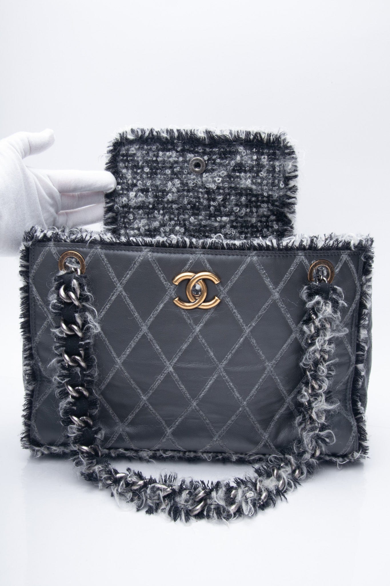 CHANEL Tweedy Grey Leather Tote Bag