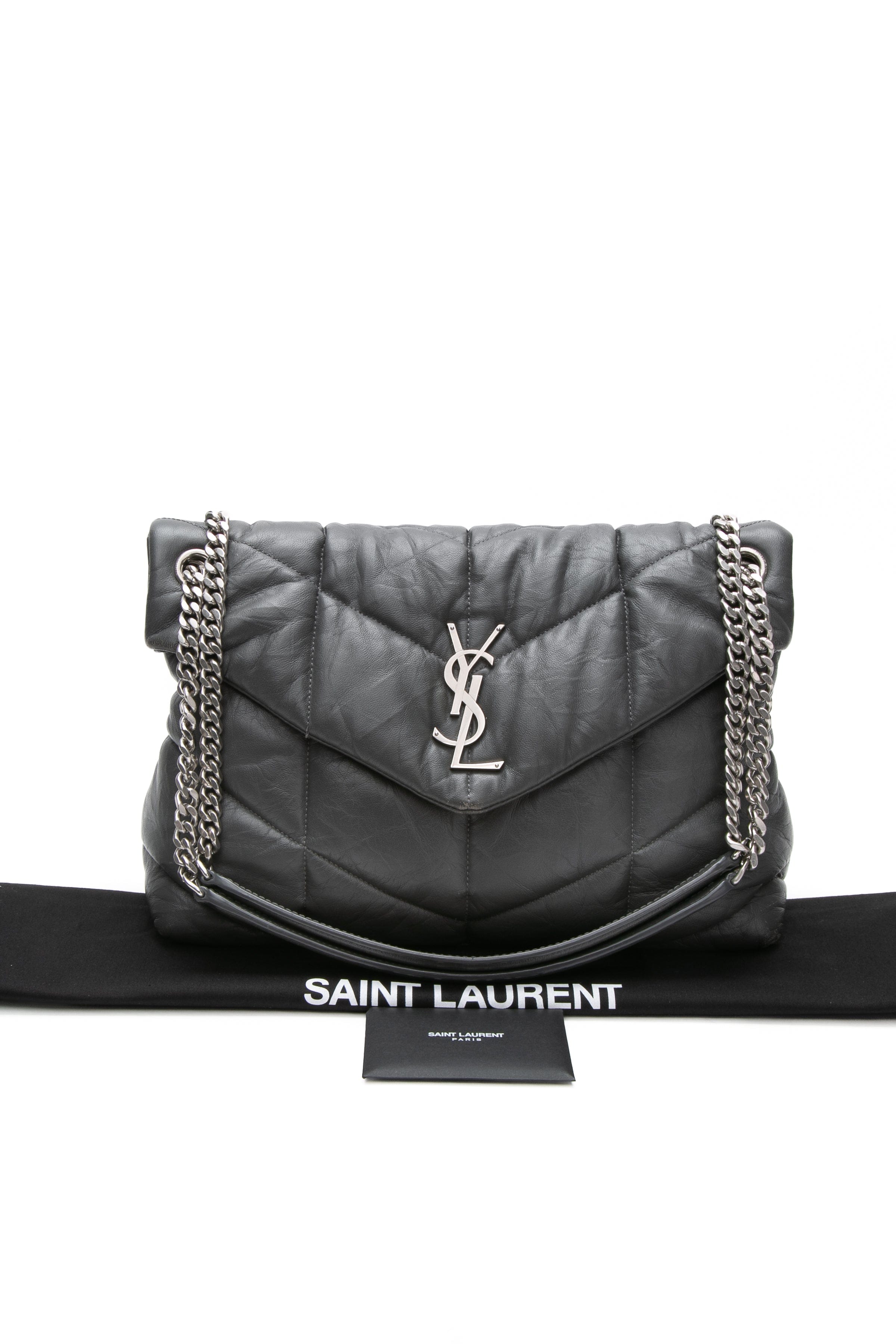 SAINT LAURENT Grey Quilted Leather Medium Loulou Puffer Shoulder Bag