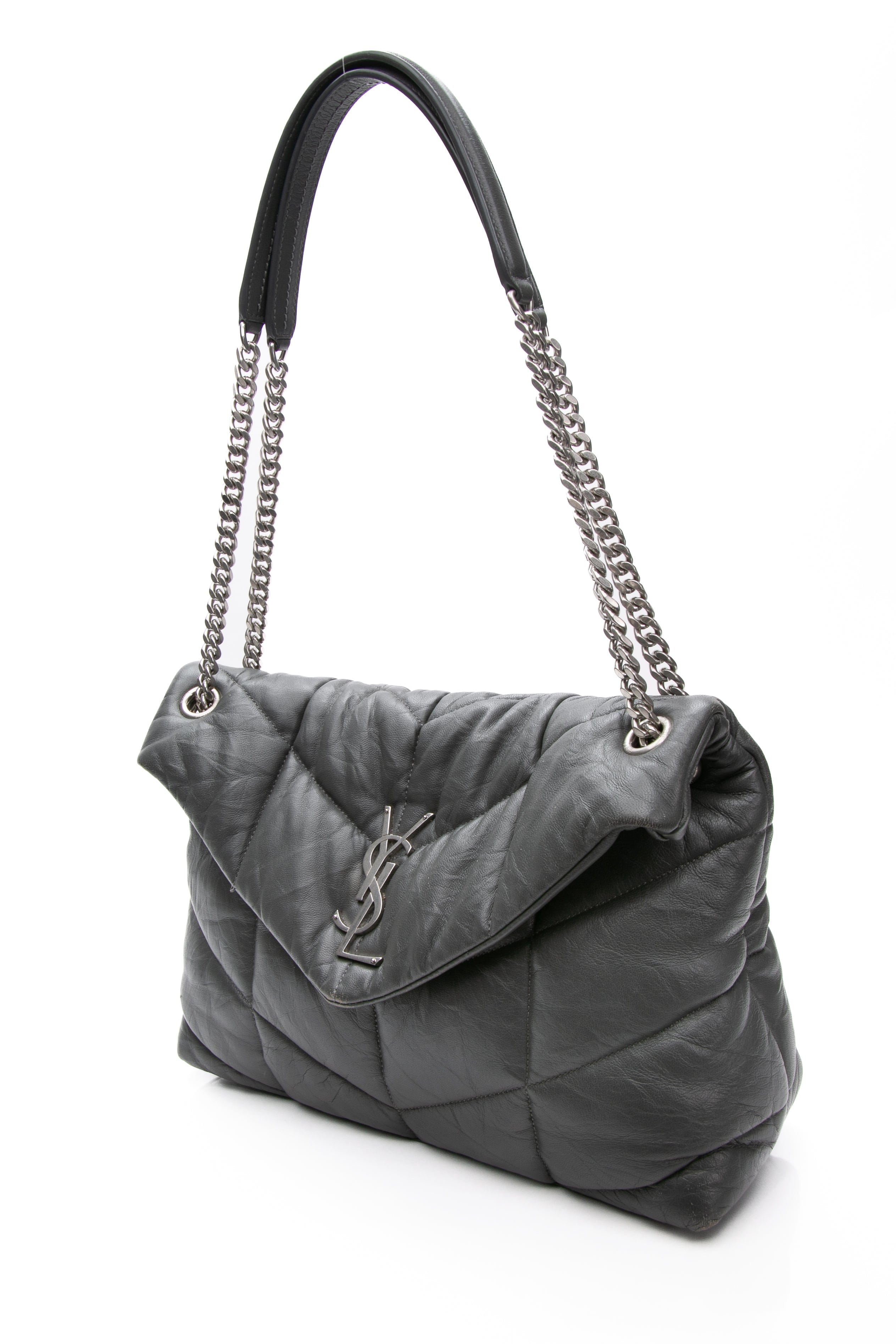 SAINT LAURENT Grey Quilted Leather Medium Loulou Puffer Shoulder Bag
