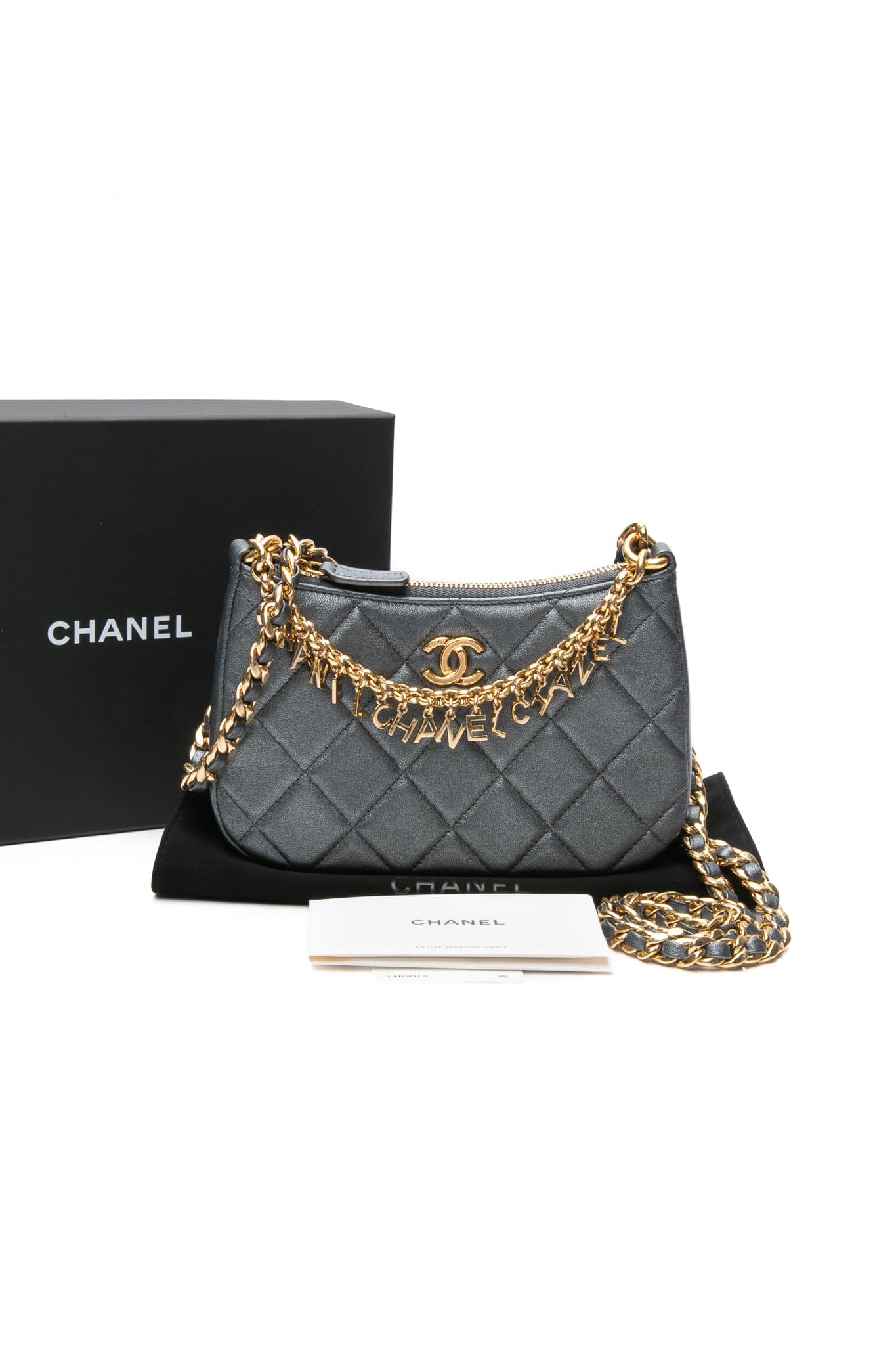 CHANEL 24P Grey Metallic Lambskin Coco Mark Crossbody Bag