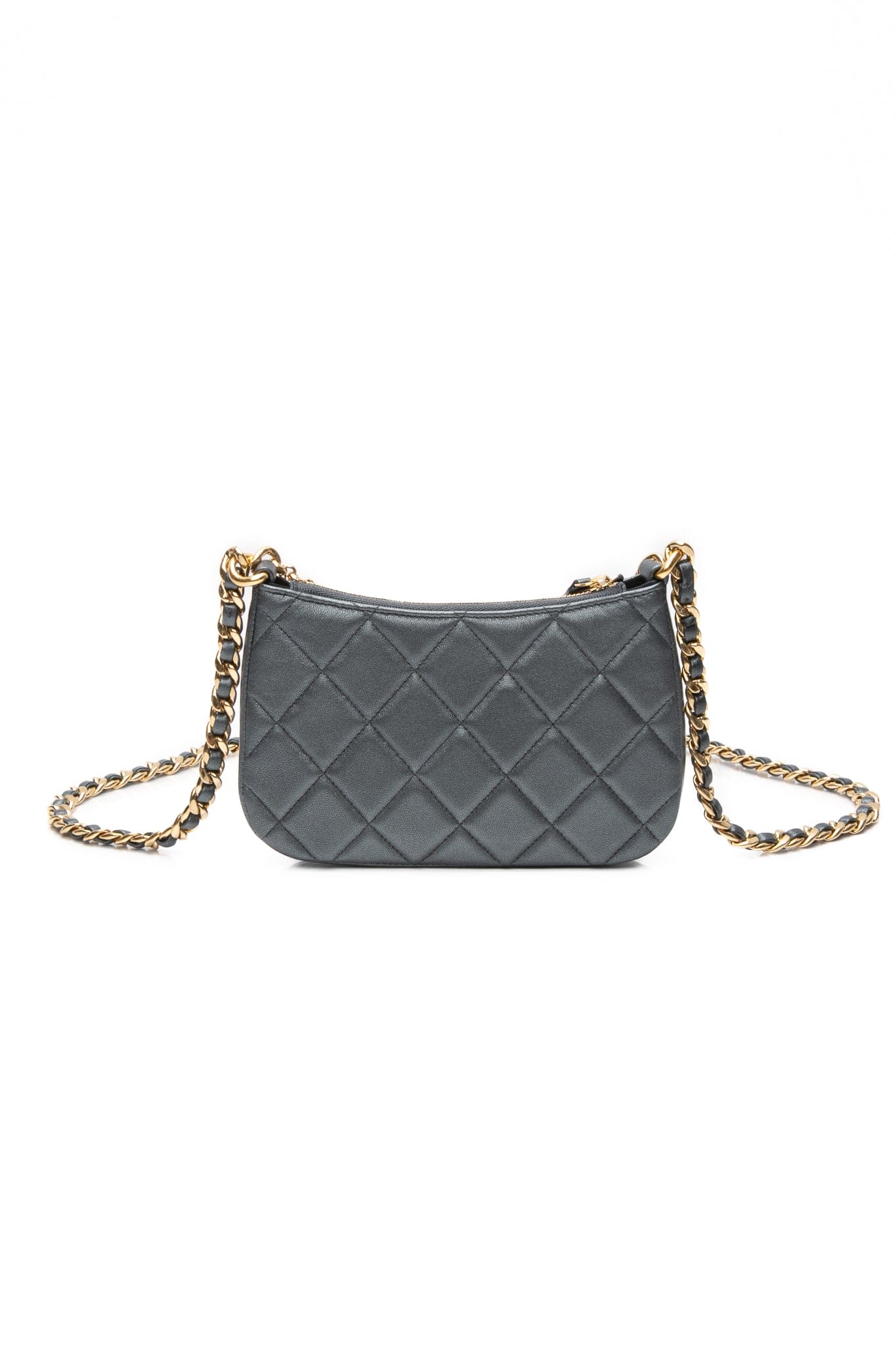 CHANEL 24P Grey Metallic Lambskin Coco Mark Crossbody Bag