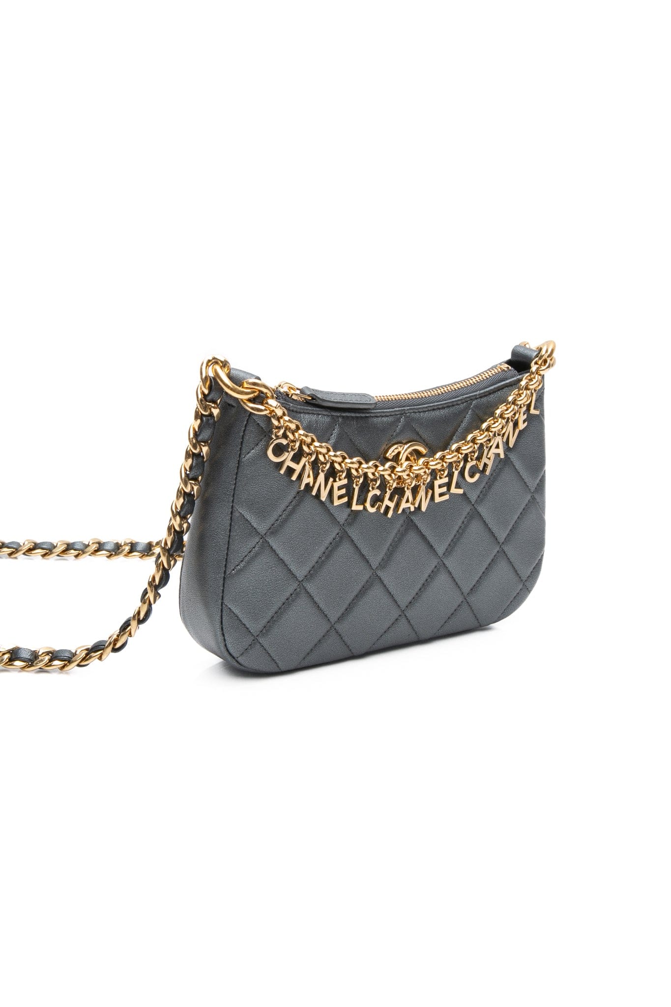 CHANEL 24P Grey Metallic Lambskin Coco Mark Crossbody Bag