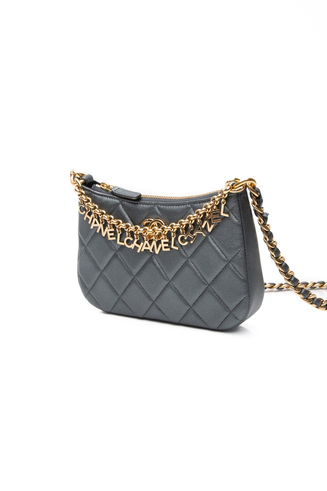 CHANEL 24P Grey Metallic Lambskin Coco Mark Crossbody Bag
