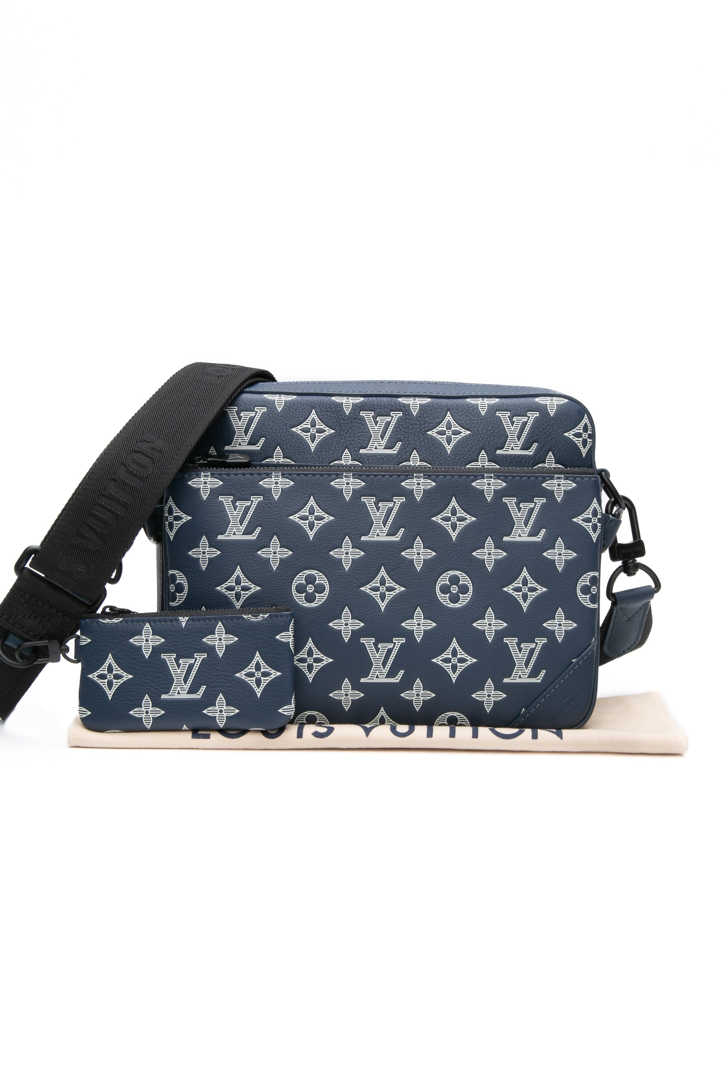 LOUIS VUITTON Navy Blue Monogram Shadow Trio Messenger Crossbody Bag