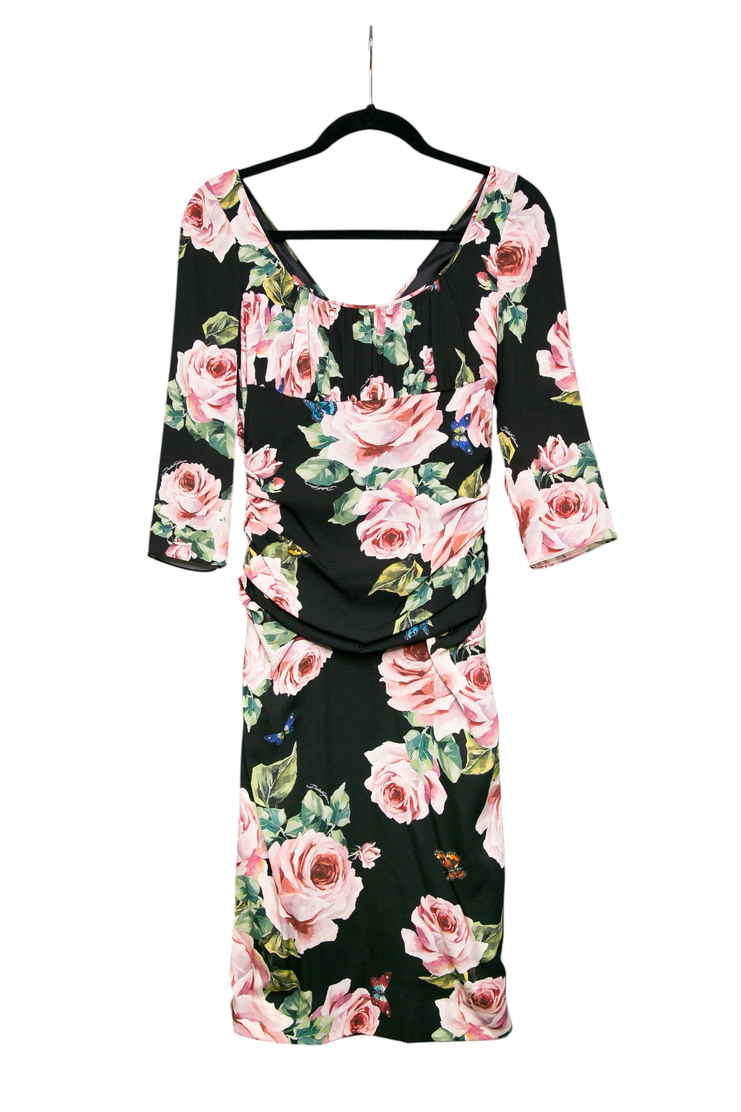 DOLCE & GABBANA Rose Print Silk Draped Shift Dress 42