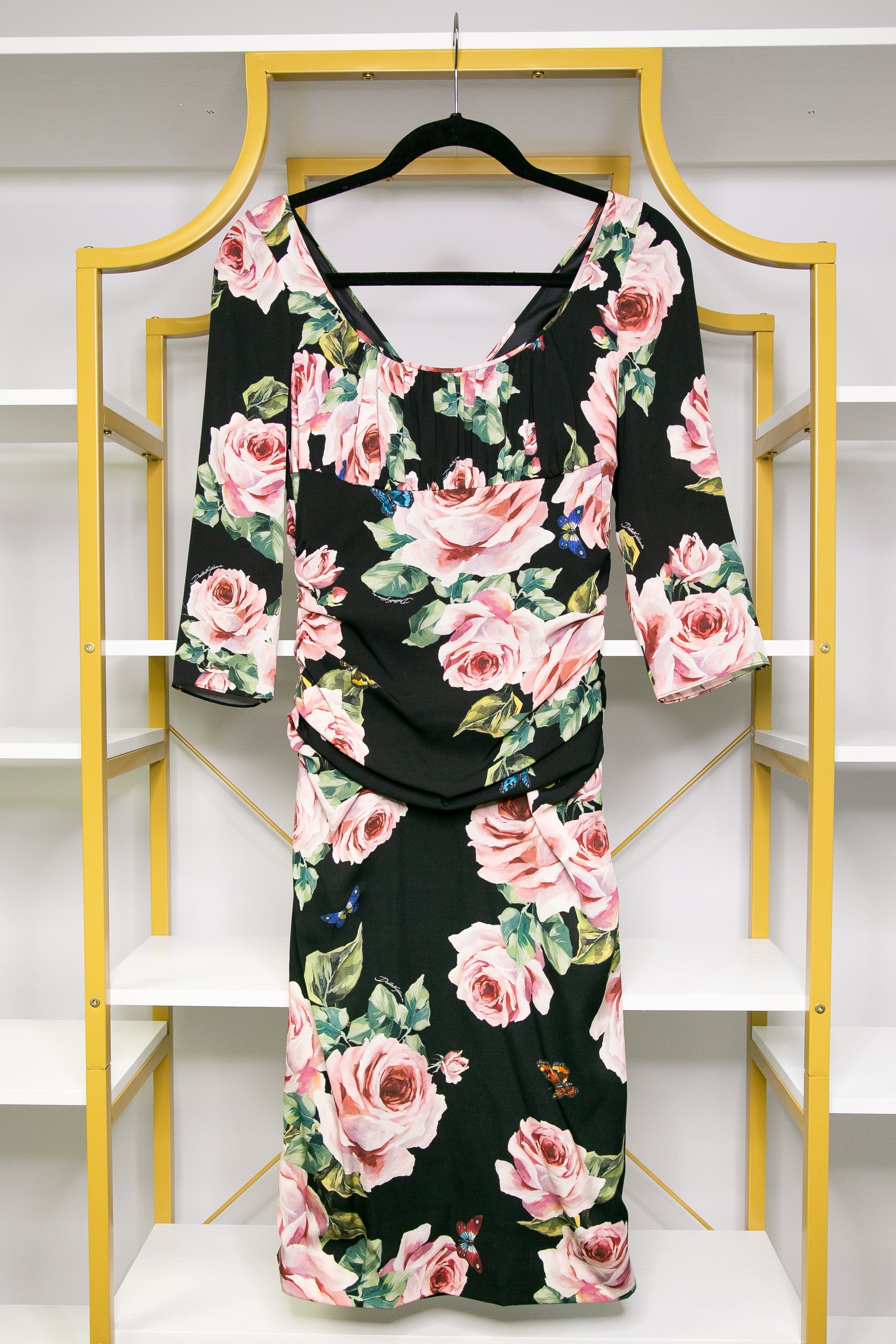 DOLCE & GABBANA Rose Print Silk Draped Shift Dress 42