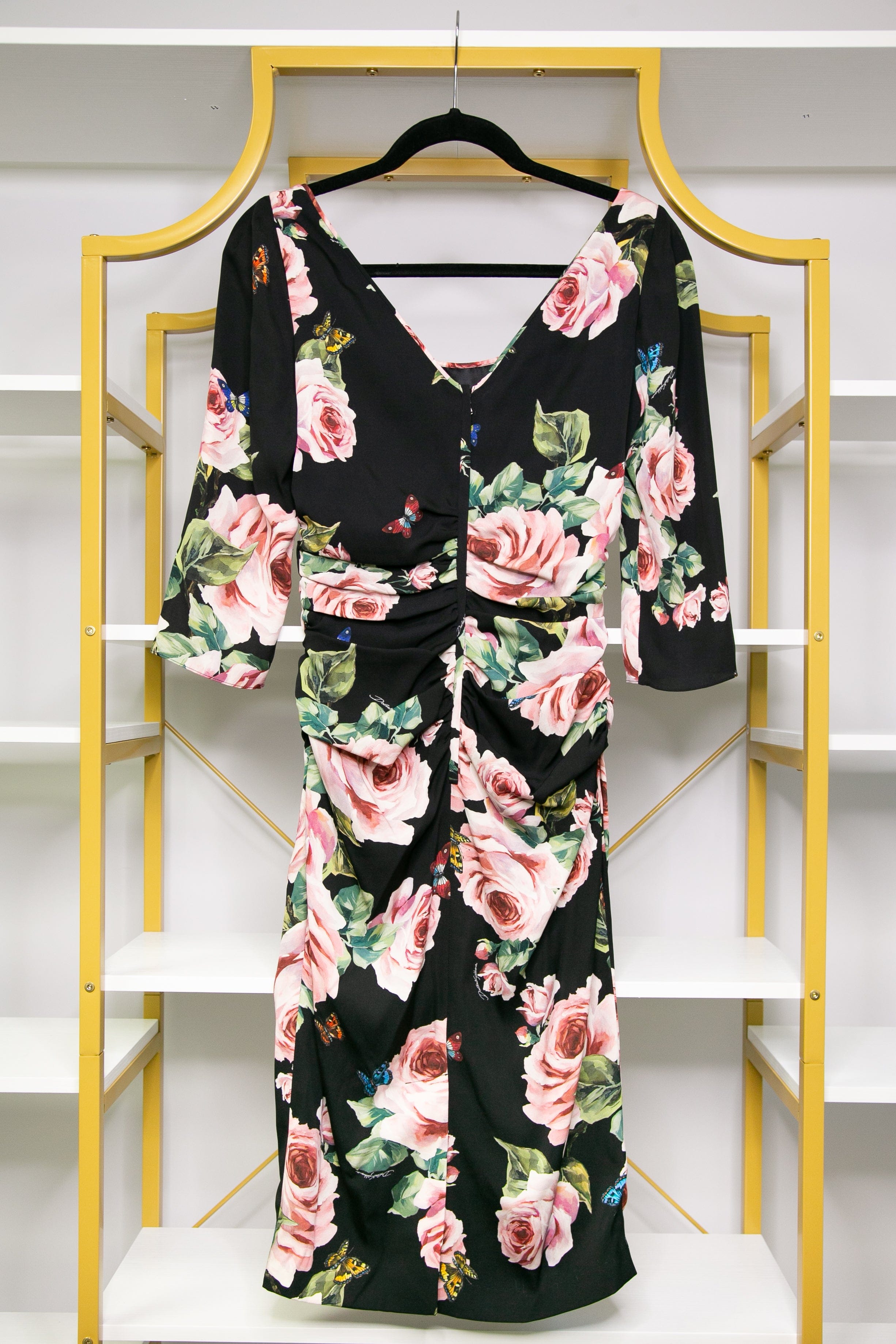 DOLCE & GABBANA Rose Print Silk Draped Shift Dress 42