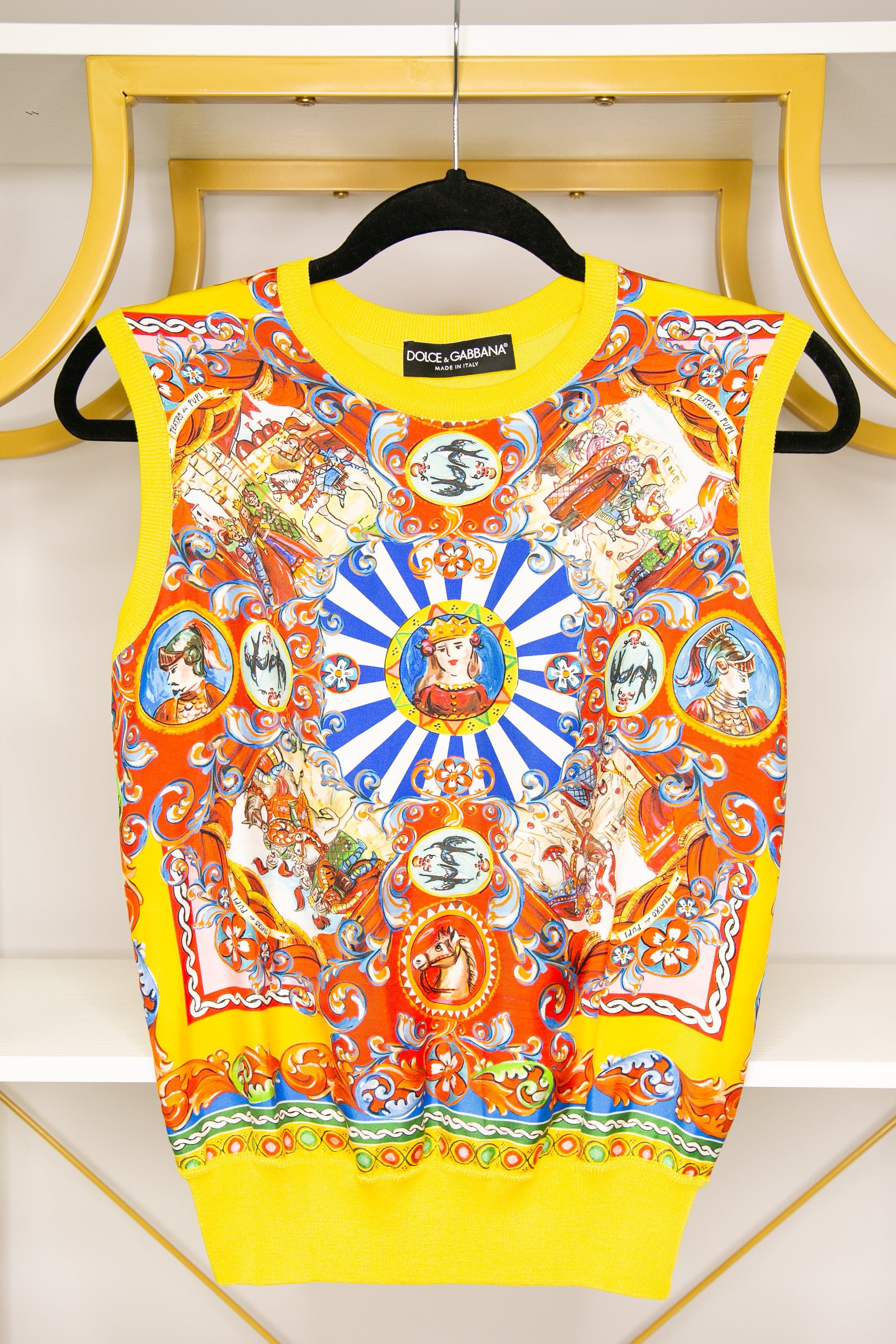 DOLCE & GABBANA Caretto Knitted Sleeveless Silk Yellow Printed Sweater Size 38 (Small)