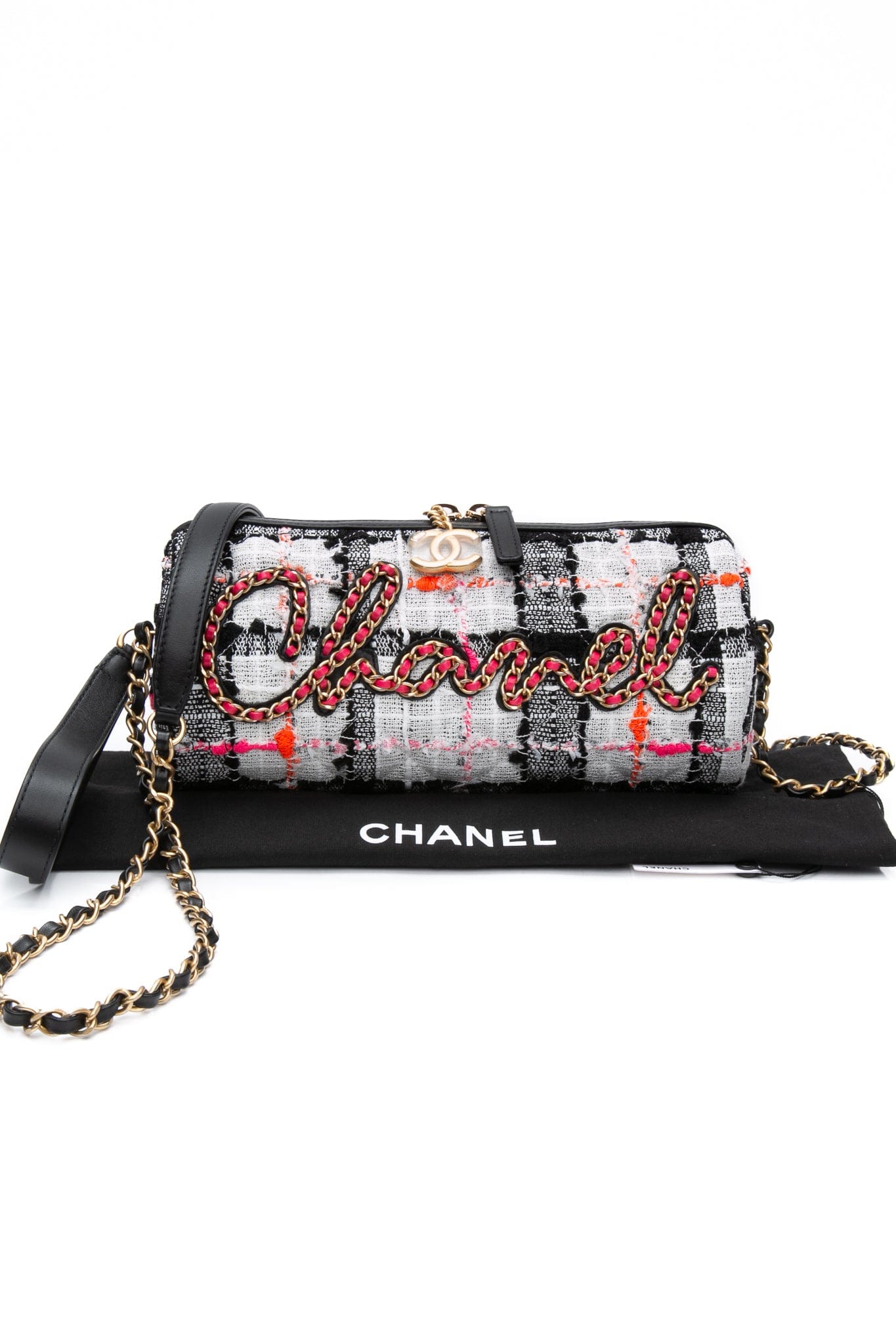 CHANEL White Black Tweed Calfskin Chain Signature Bowling Crossbody Bag (New)
