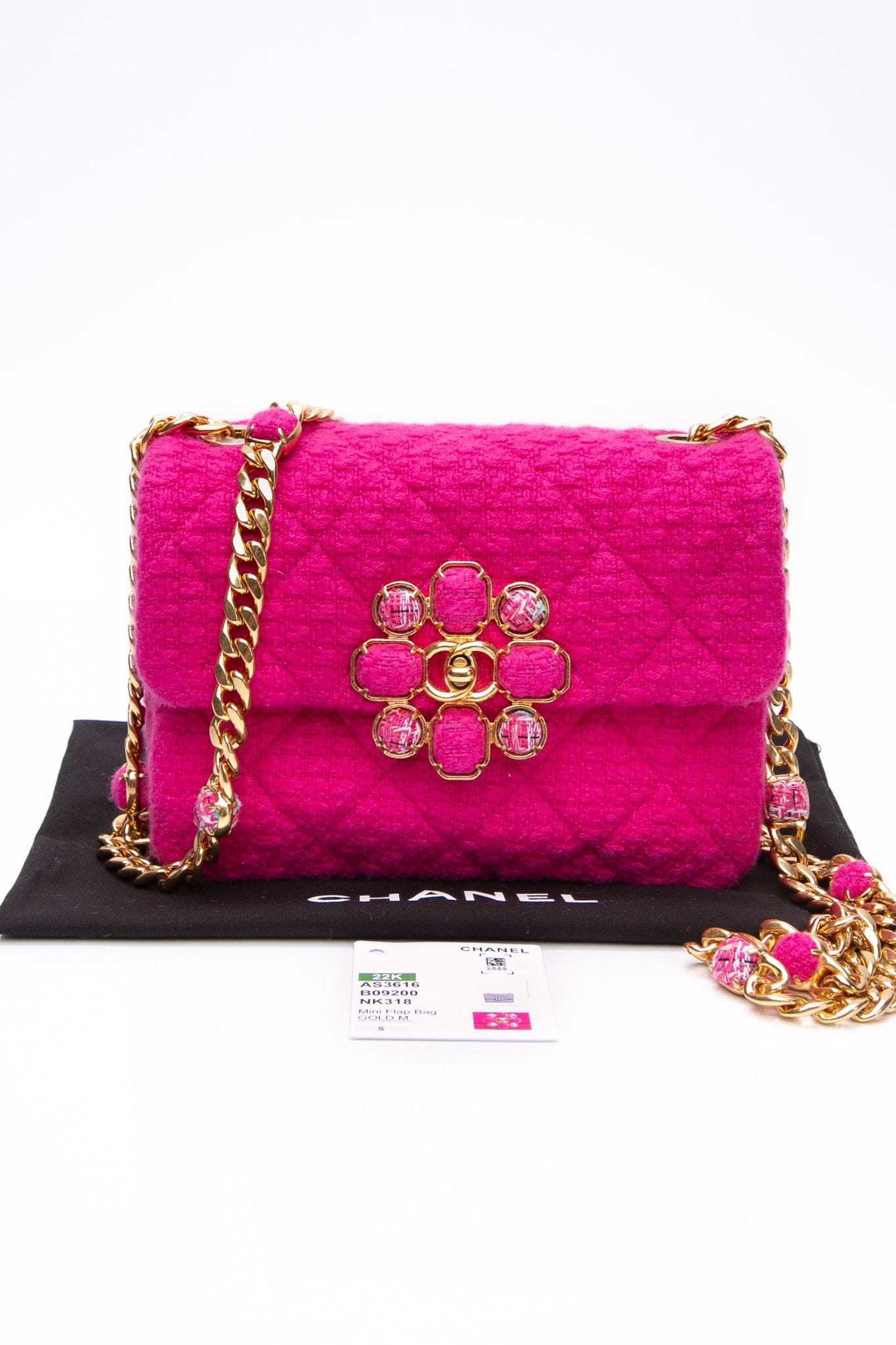 CHANEL 22K Fuchsia Tweed Quilted Mini Bijoux Flap Crossbody Bag
