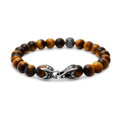 David Yurman Spiritual Beads Bracelet in Sterling Silver with Tigers Eye and Pavé Black Diamond Station, 8mm