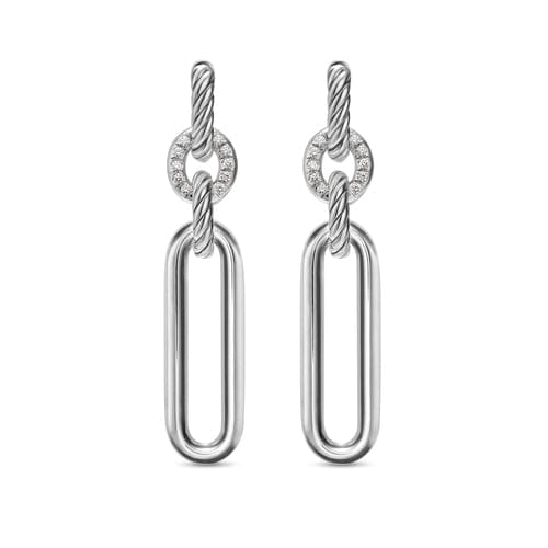 David Yurman Lexington Double Link Drop Earrings in Sterling Silver with Diamonds, 54mm